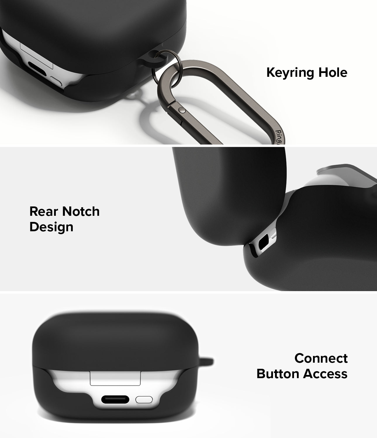 Galaxy Buds 4 Pro / 4 Case | Silicone - Three views showing a black silicone case with keyring, rear notch, and button access.