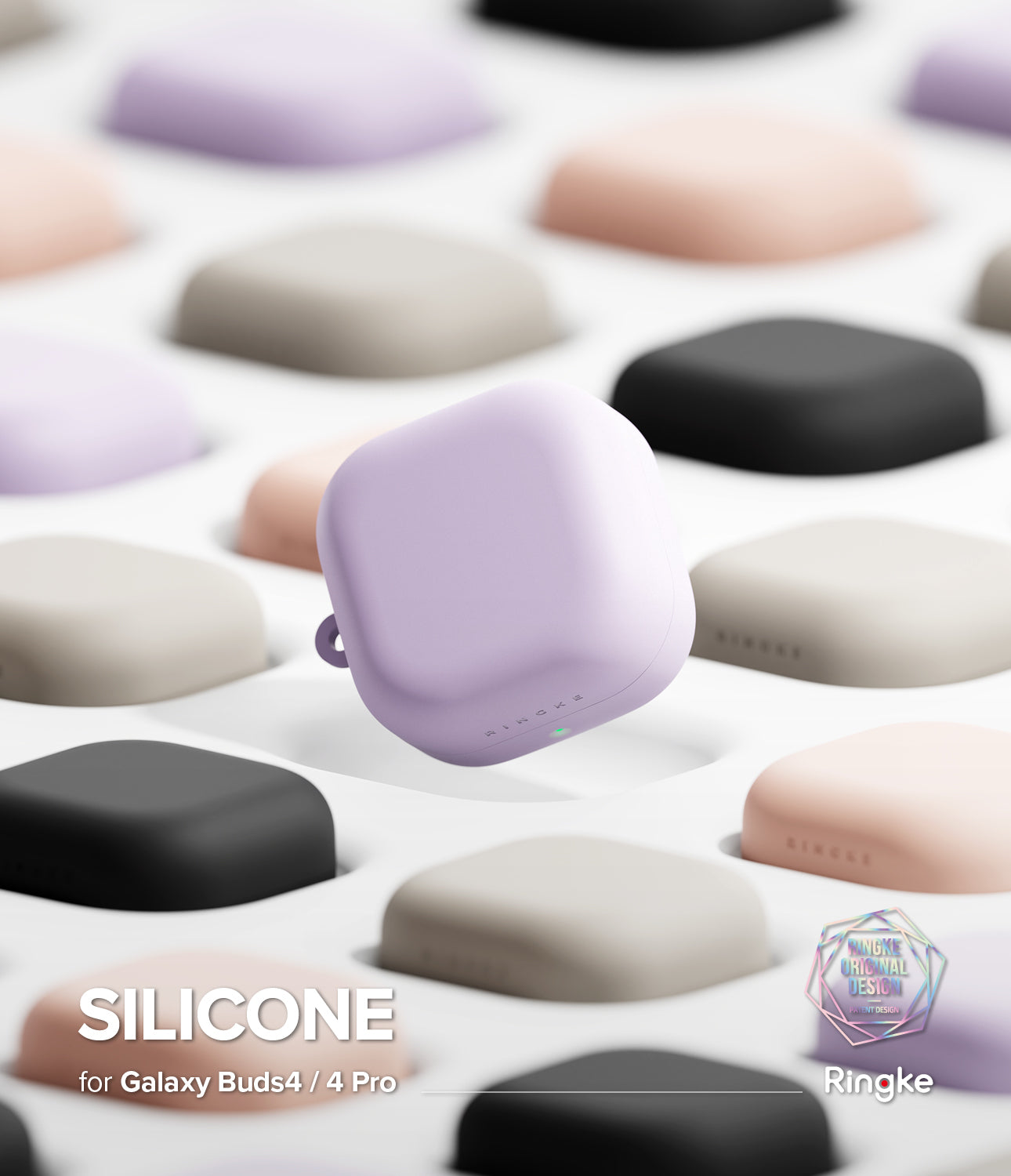 Galaxy Buds 4 Pro / 4 Case | Silicone - A lavender silicone case floats above a grid of various colored earbud cases.
