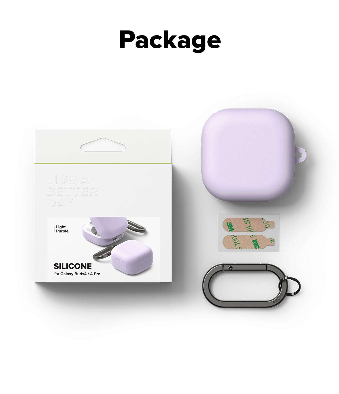 Galaxy Buds 4 Pro / 4 Case | Silicone - Packaging, light purple silicone case, adhesive strips, and a black carabiner.