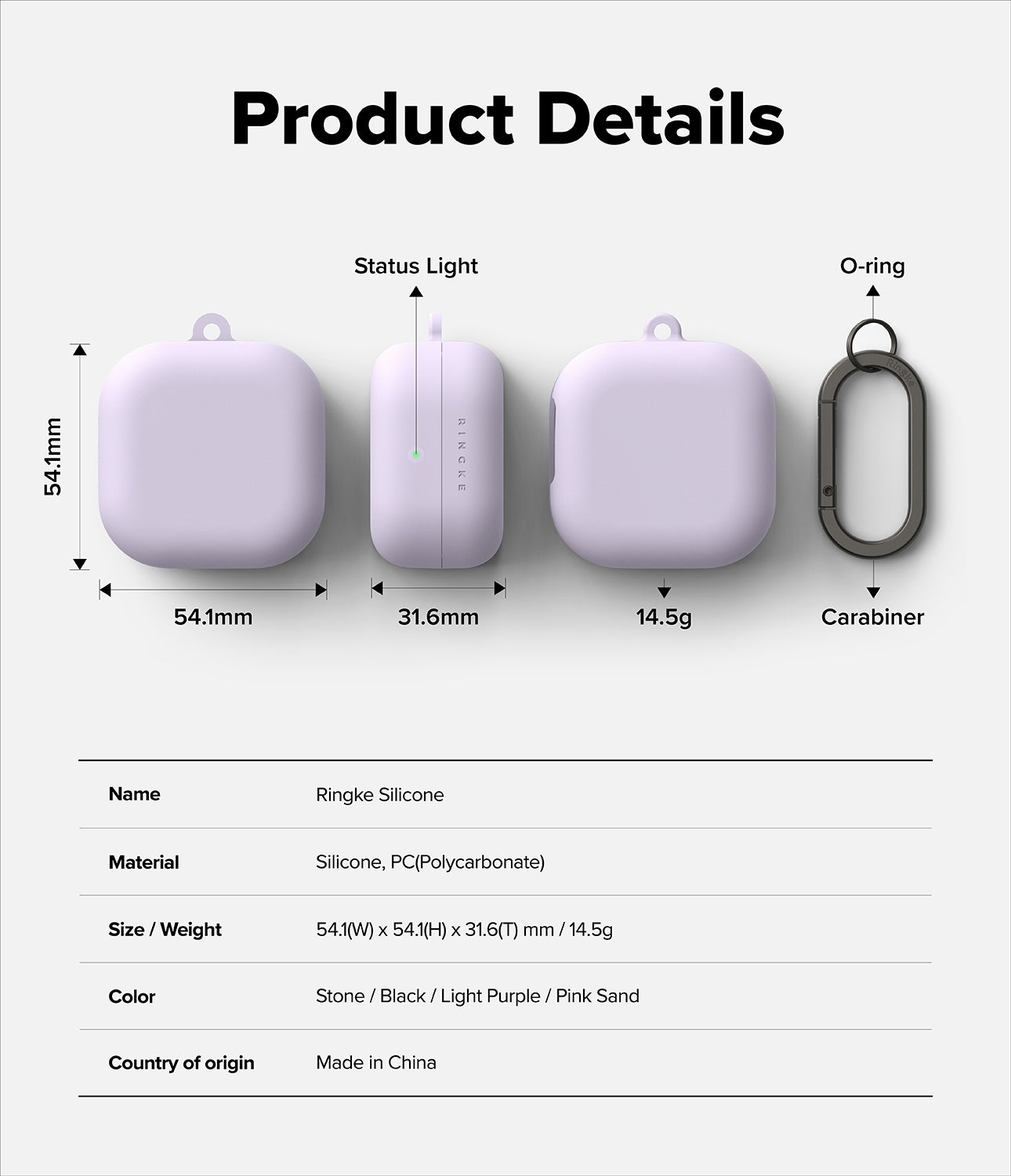 Galaxy Buds 4 Pro / 4 Case | Silicone - Technical diagram showing dimensions, weight, and features of a light purple case.