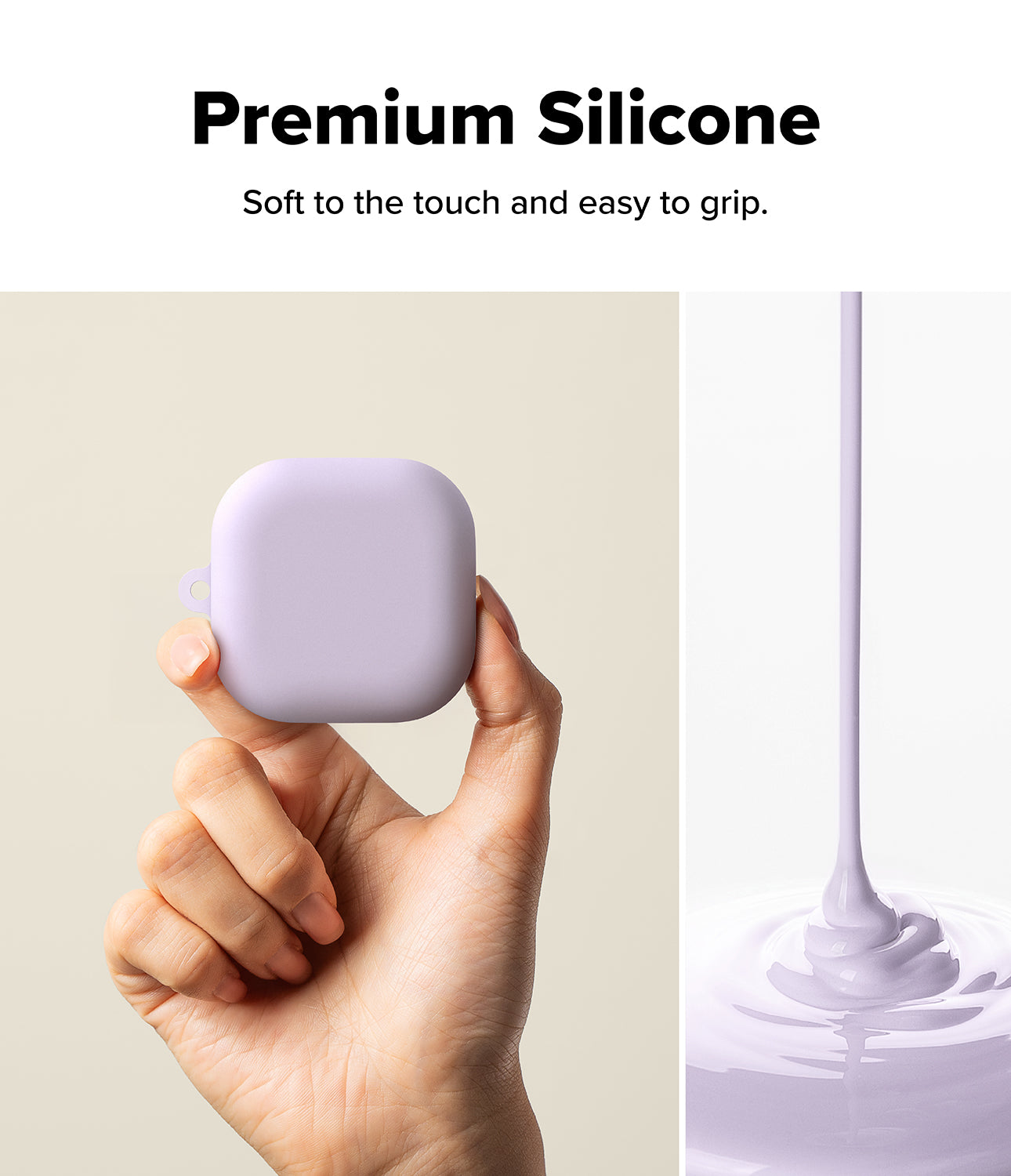 Galaxy Buds 4 Pro / 4 Case | Silicone - Hand holding a soft lavender silicone case next to pouring liquid silicone.