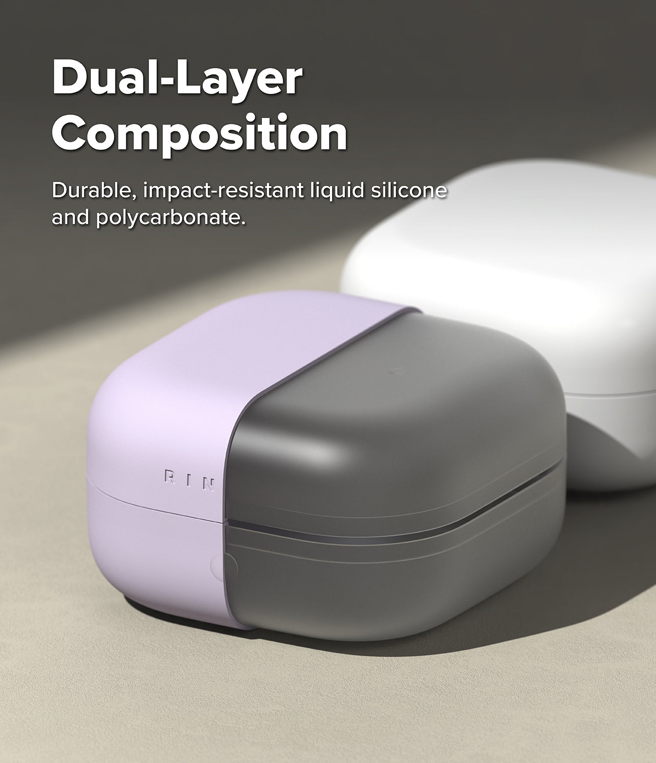 Galaxy Buds 4 Pro / 4 Case | Silicone - Dual-layer case for Galaxy Buds in lavender and grey, with white case in background.