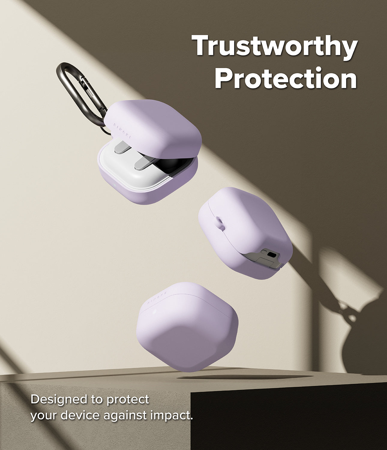 Galaxy Buds 4 Pro / 4 Case | Silicone - Three lavender silicone cases for Galaxy Buds floating against a beige background.