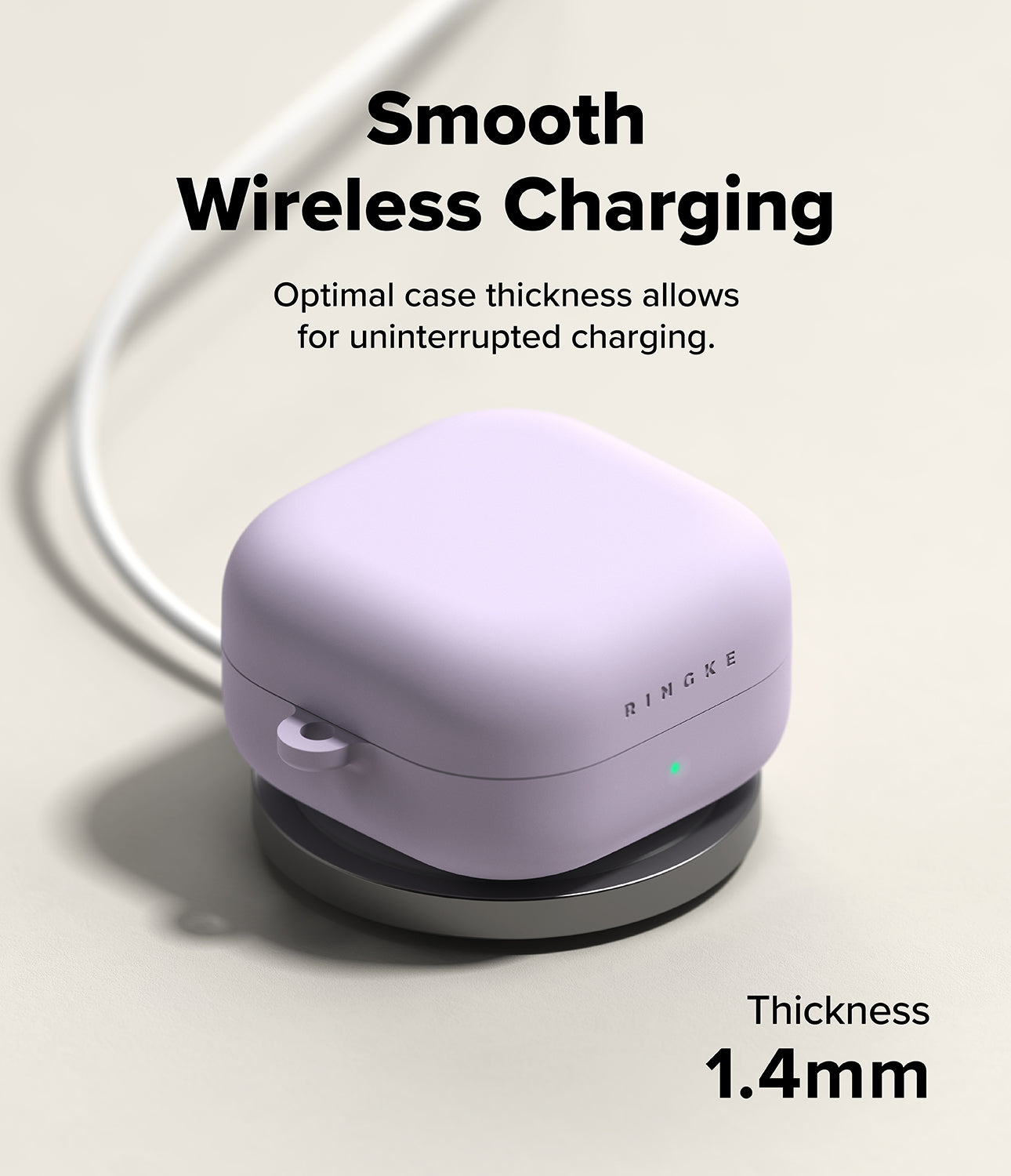 Galaxy Buds 4 Pro / 4 Case | Silicone - Lavender silicone case on a wireless charger with 1.4mm thickness text.