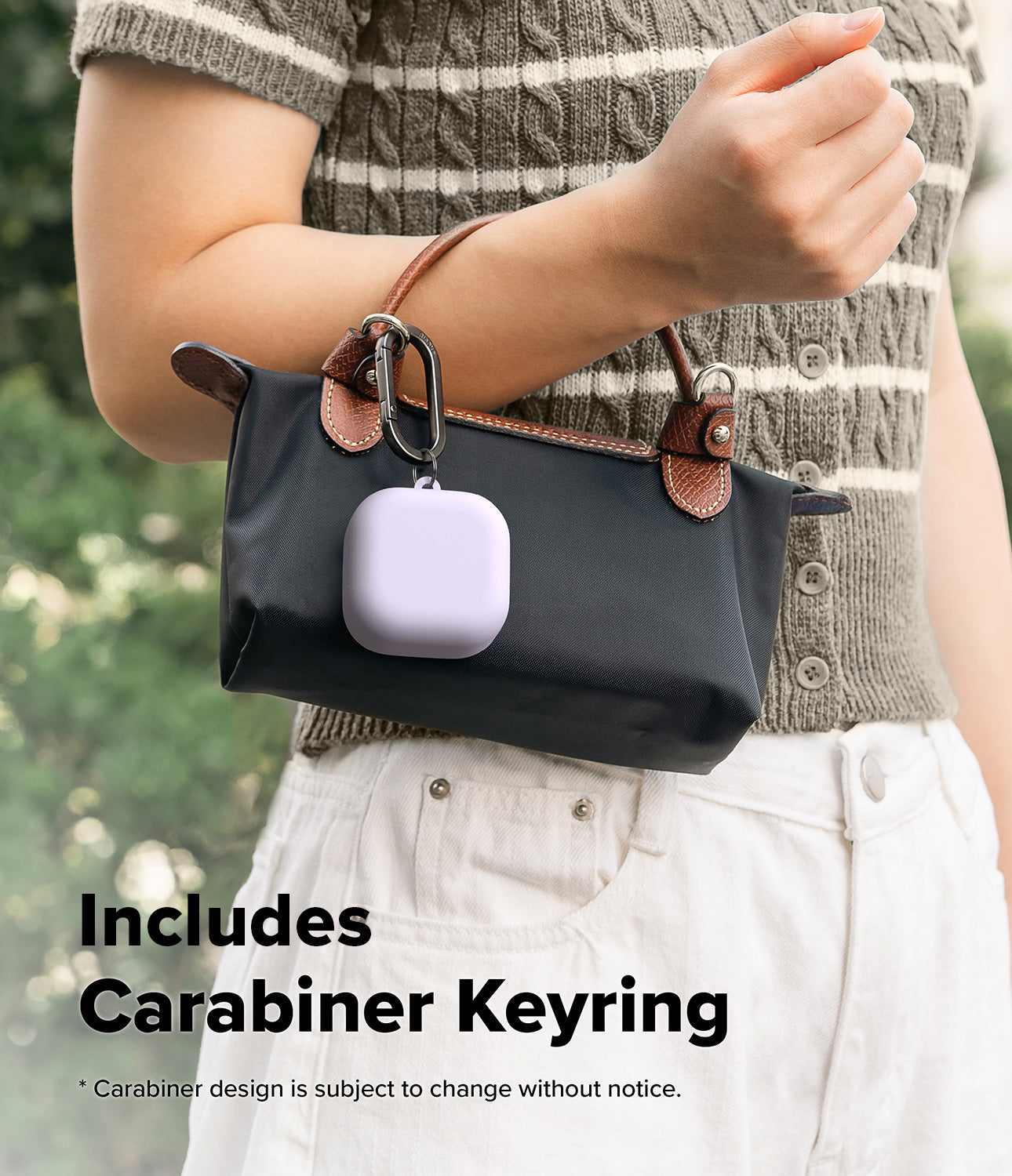 Galaxy Buds 4 Pro / 4 Case | Silicone - A light purple silicone case attached to a black handbag by a carabiner.
