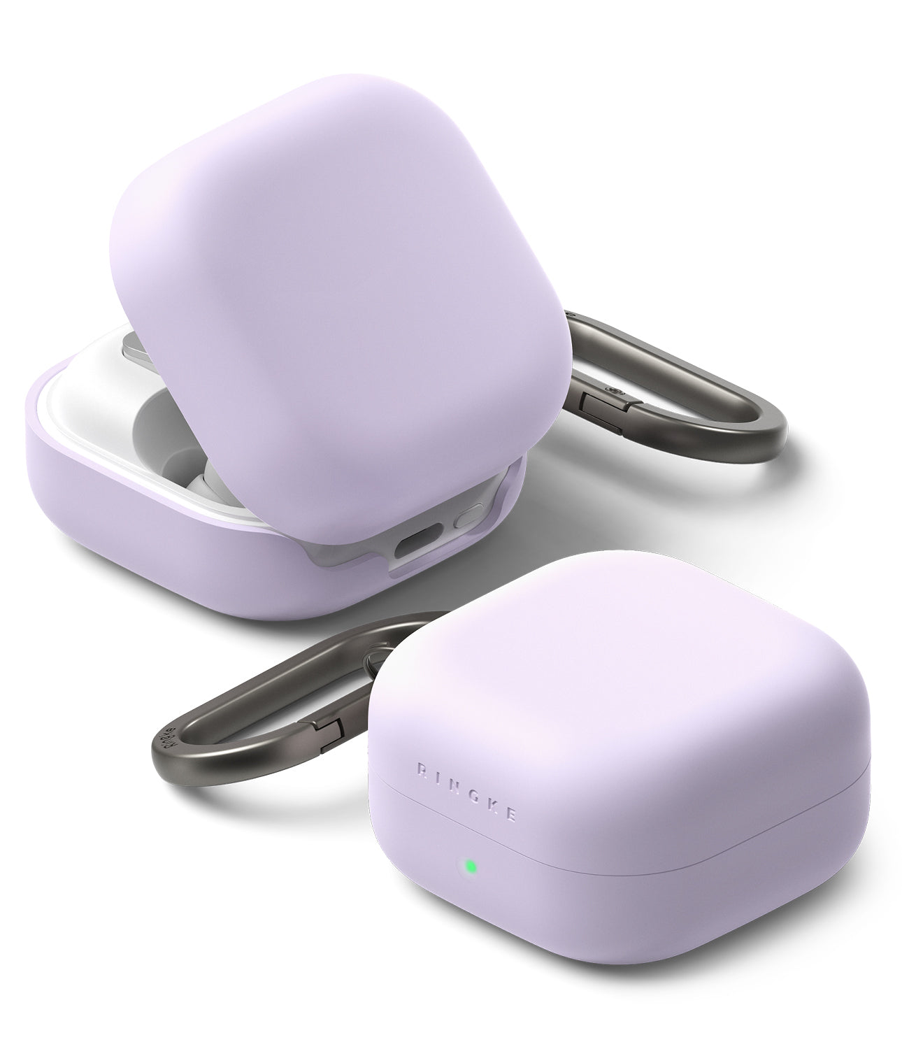 Galaxy Buds 4 Pro / 4 Case | Silicone - Two lavender silicone cases for Galaxy Buds, one open and one closed, with carabiners.