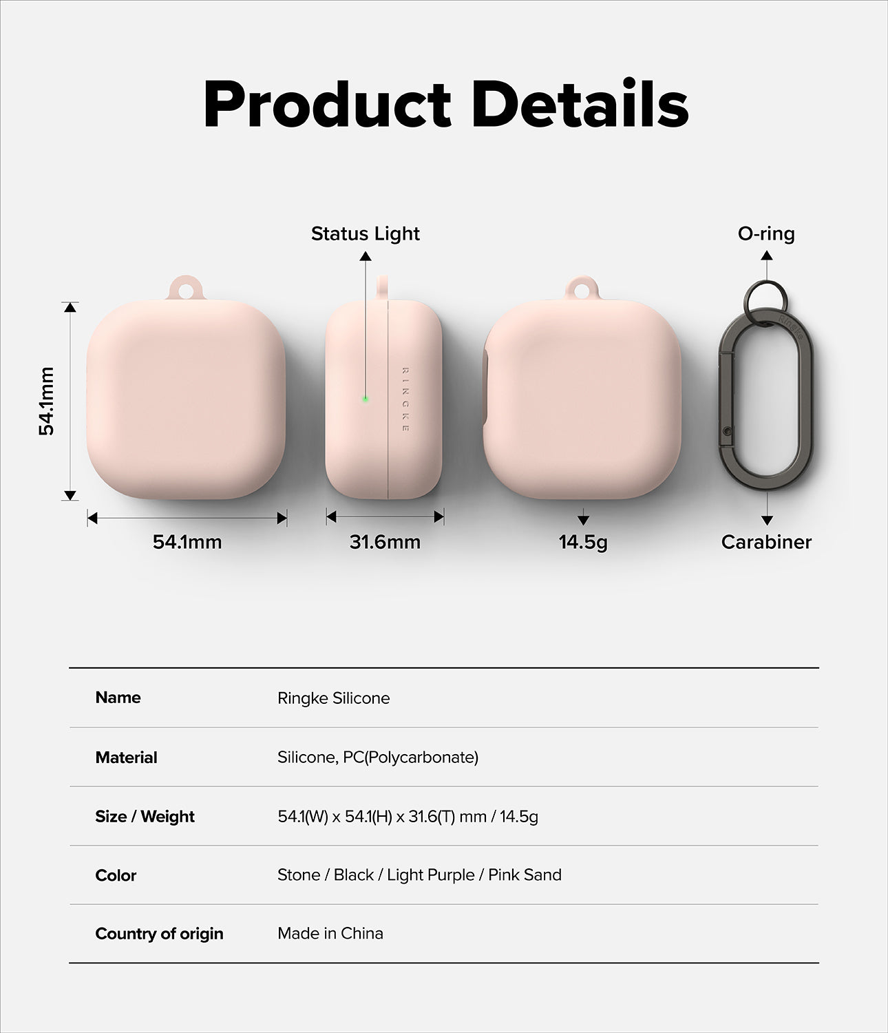Galaxy Buds 4 Pro / 4 Case | Silicone - Technical diagram showing dimensions, weight, and features of a pink silicone case.