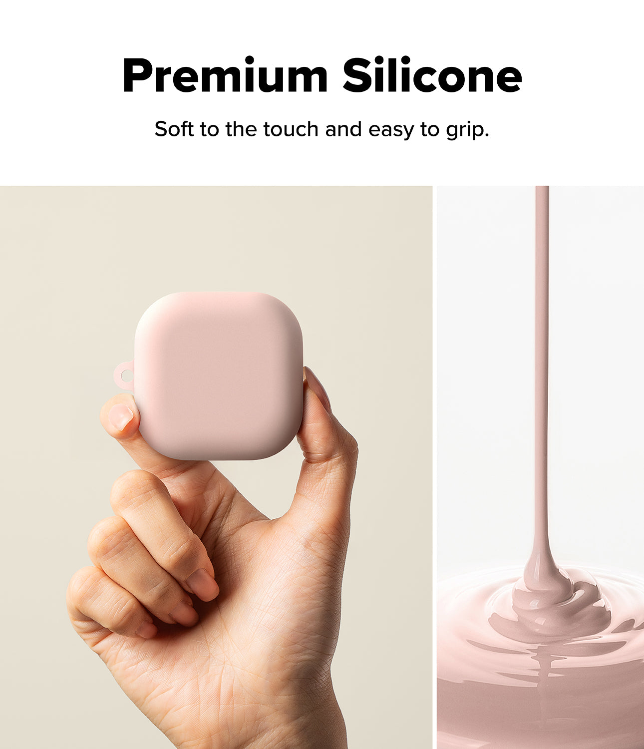 Galaxy Buds 4 Pro / 4 Case | Silicone - Hand holding a pink silicone case next to a stream of liquid silicone.