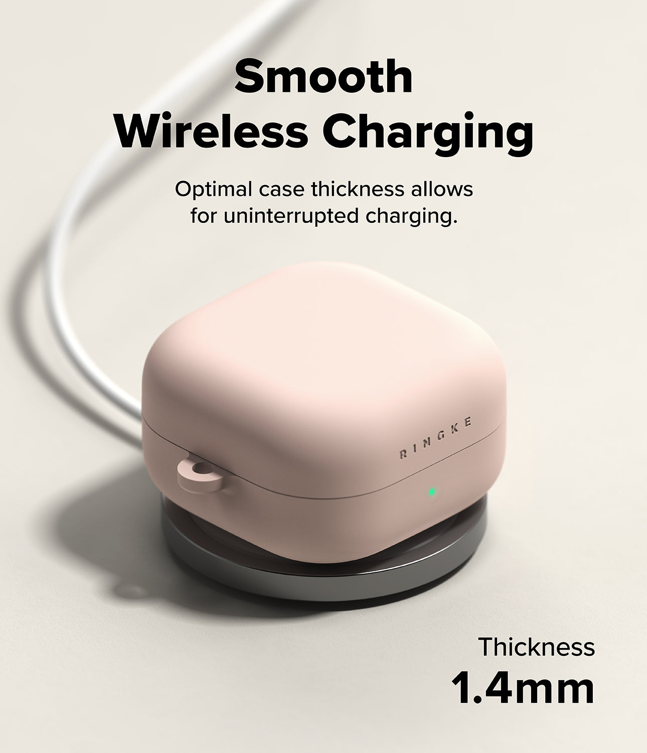 Galaxy Buds 4 Pro / 4 Case | Silicone - Pink silicone case on a wireless charger with 1.4mm thickness text.