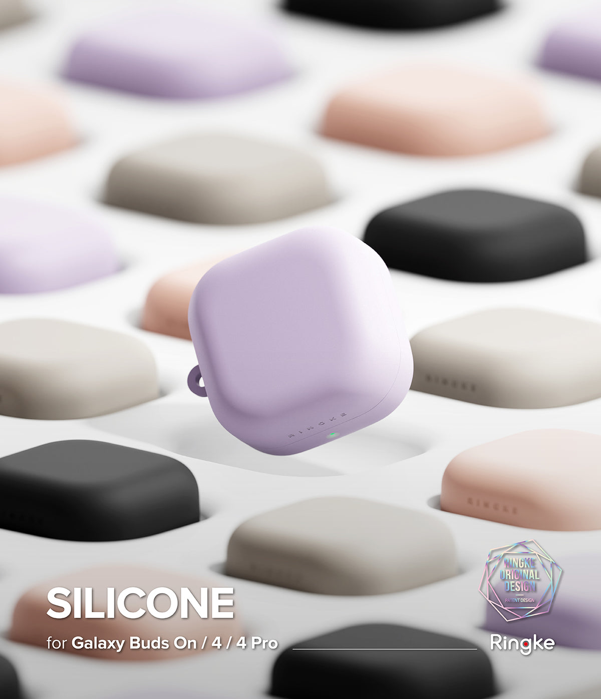 Samsung Galaxy Buds On / 4 Pro / 4 Case | Silicone - A lavender silicone case floating above a grid of colorful earbud cases.