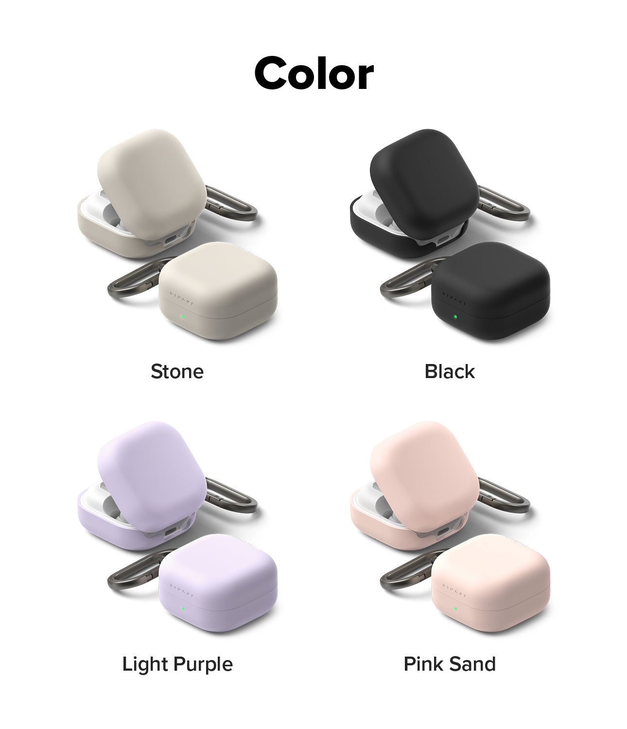 Galaxy Buds 4 Pro / 4 Case | Silicone - Four color options of silicone cases for Galaxy Buds in stone, black, purple, and pink.