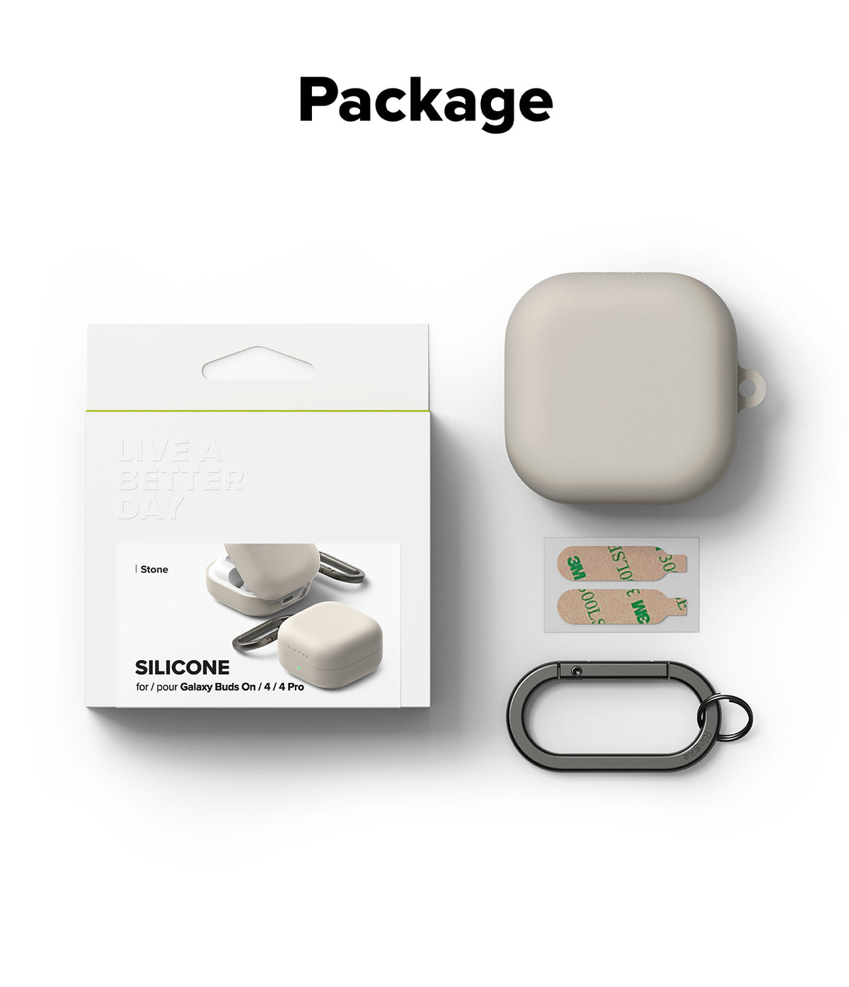 Samsung Galaxy Buds On / 4 Pro / 4 Case | Silicone - Packaging, stone silicone case, adhesive strips, and a black carabiner.