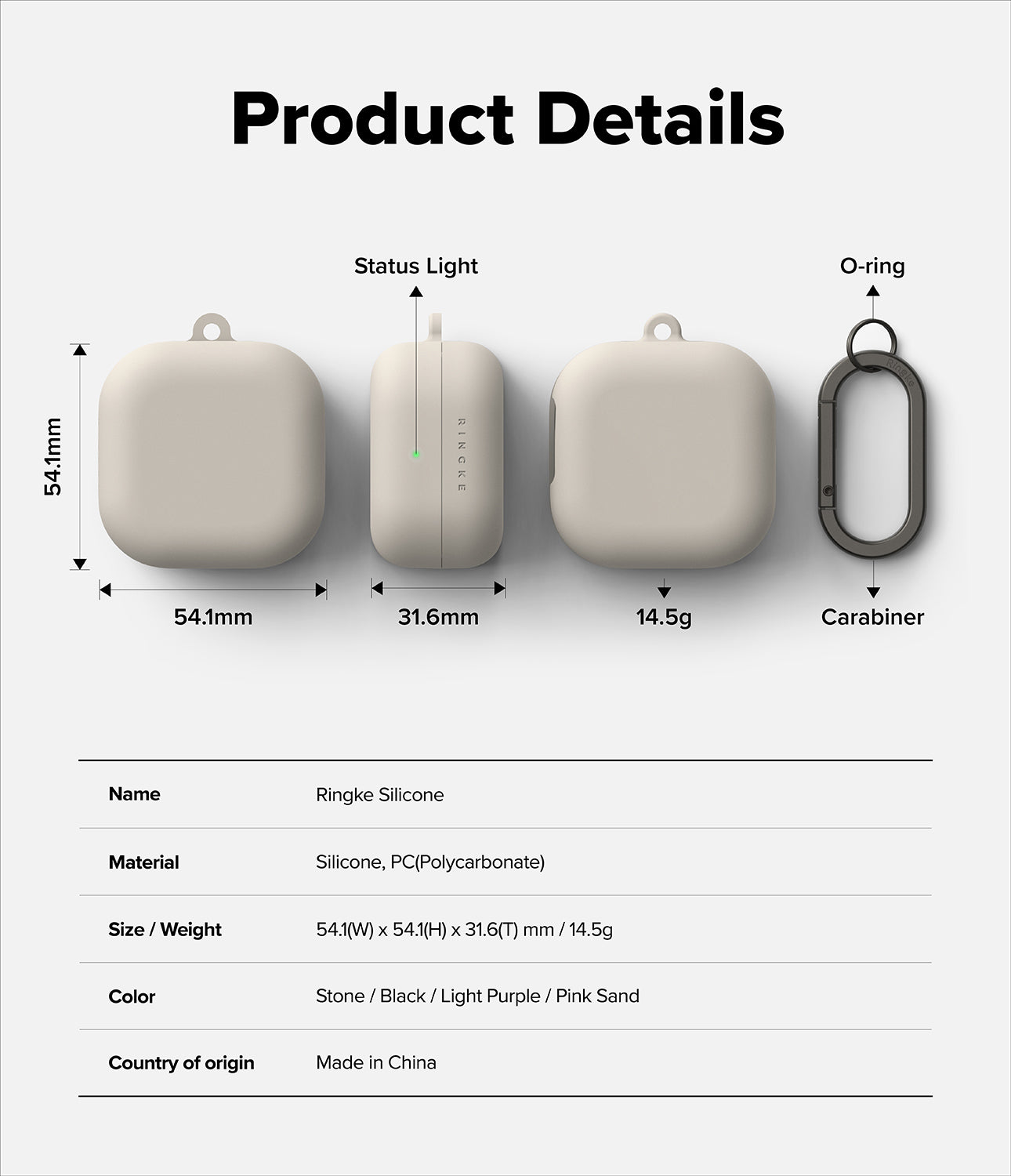 Galaxy Buds 4 Pro / 4 Case | Silicone - Technical diagram showing case dimensions, weight, and carabiner attachment.
