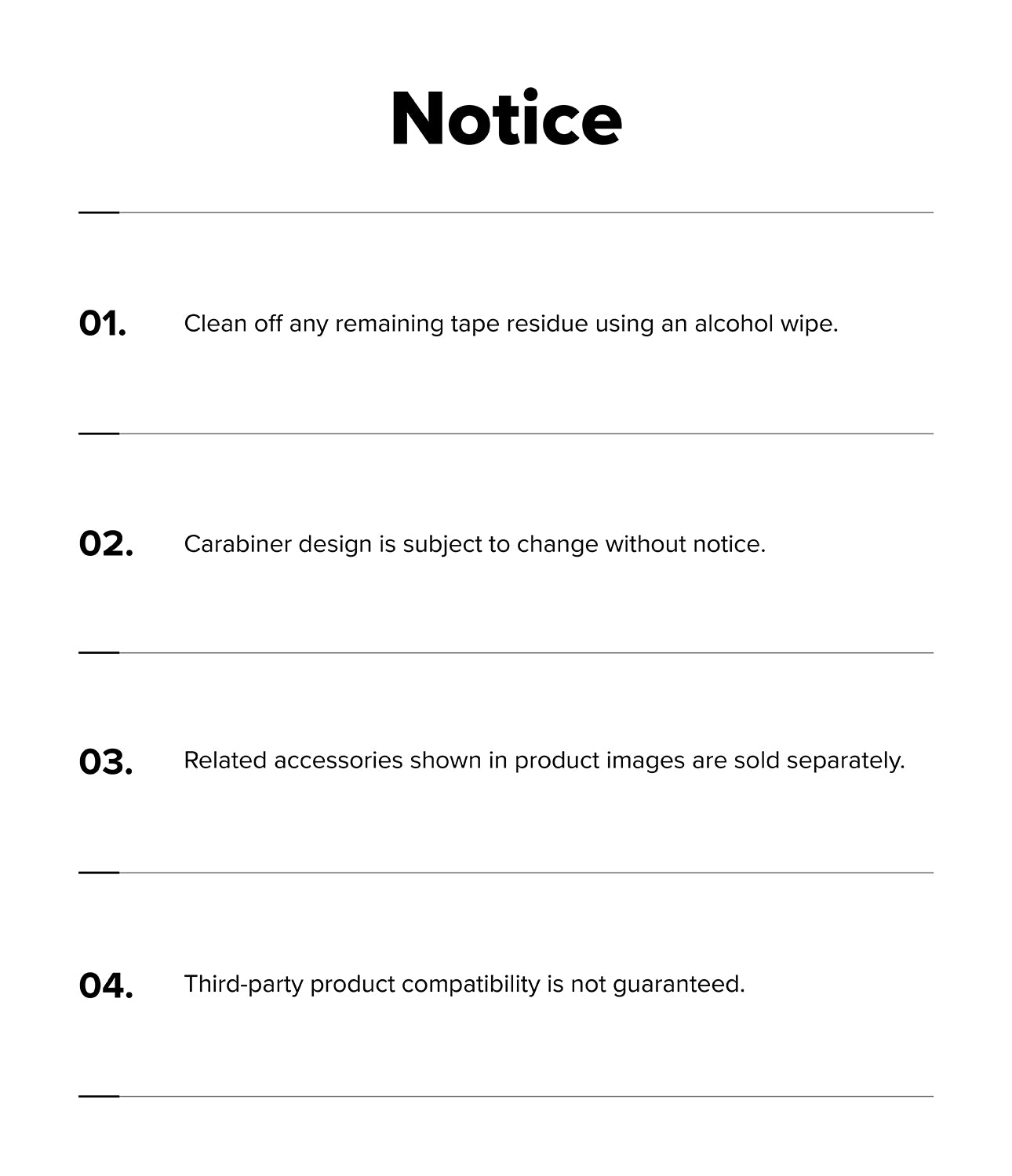 Galaxy Buds 4 Pro / 4 Case | Silicone - A notice list with four numbered points regarding cleaning, carabiners, accessories, and compatibility.