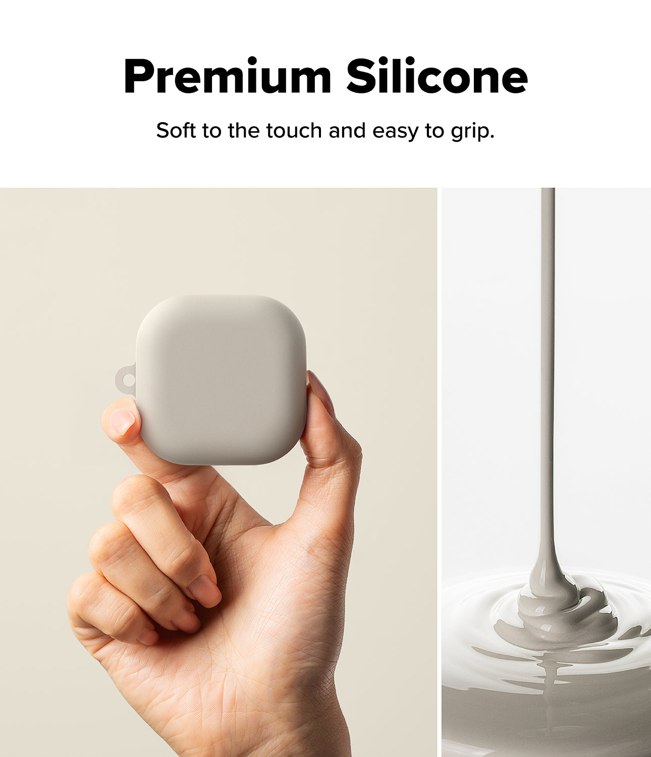 Galaxy Buds 4 Pro / 4 Case | Silicone - Hand holding a grey silicone case next to a stream of liquid silicone.