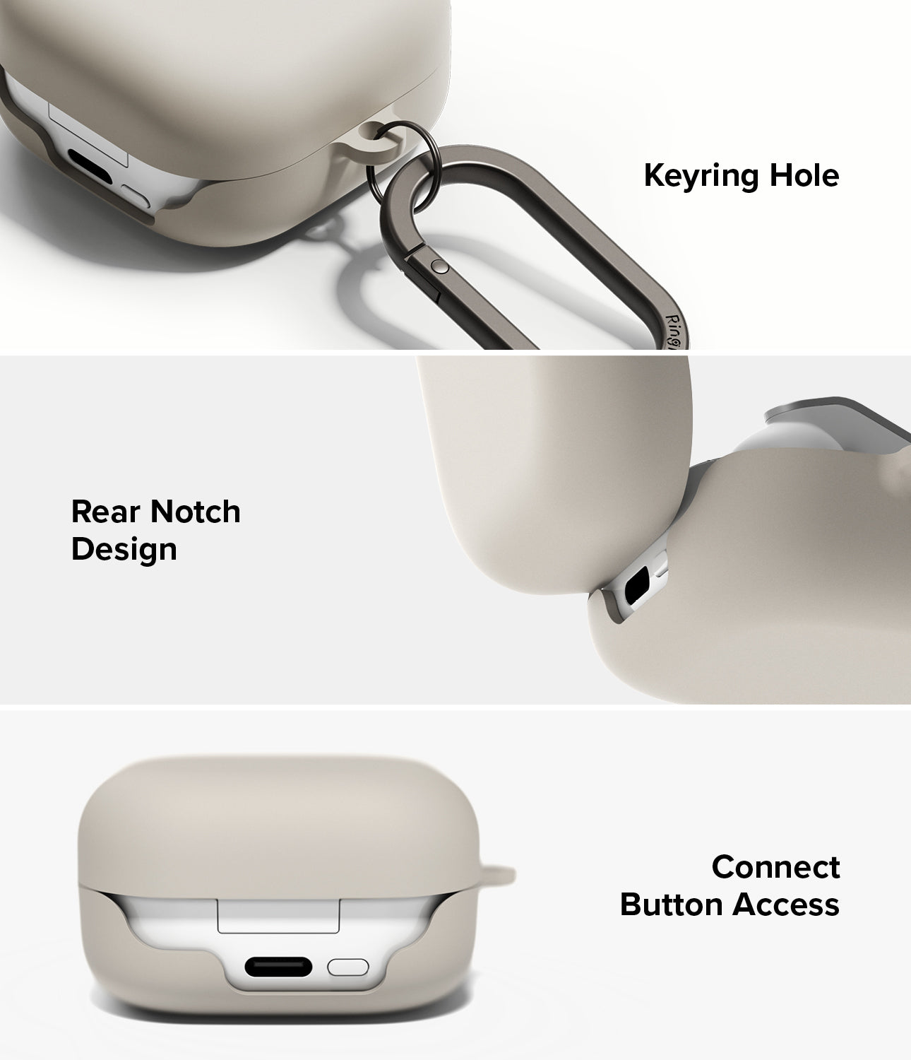 Galaxy Buds 4 Pro / 4 Case | Silicone - Three views showing a beige silicone case with a keyring, rear hinge, and port.