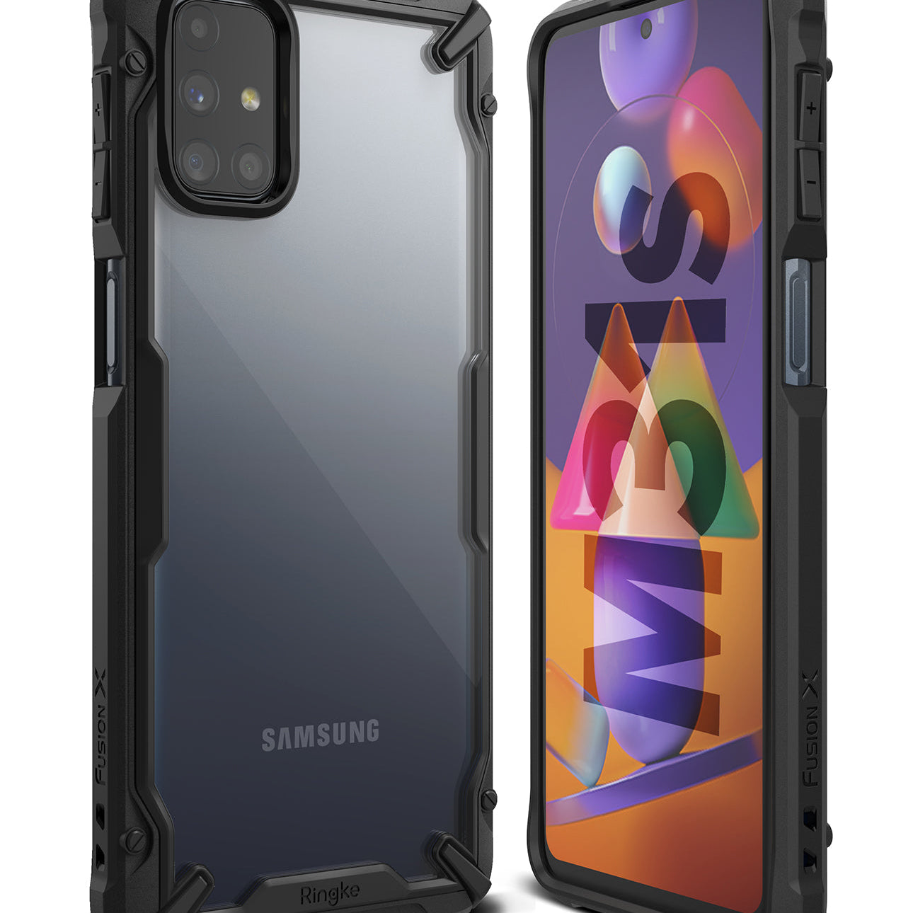 Galaxy M31s Case | Fusion-X - Black rugged protective case with clear back panel shown from front and rear angles.