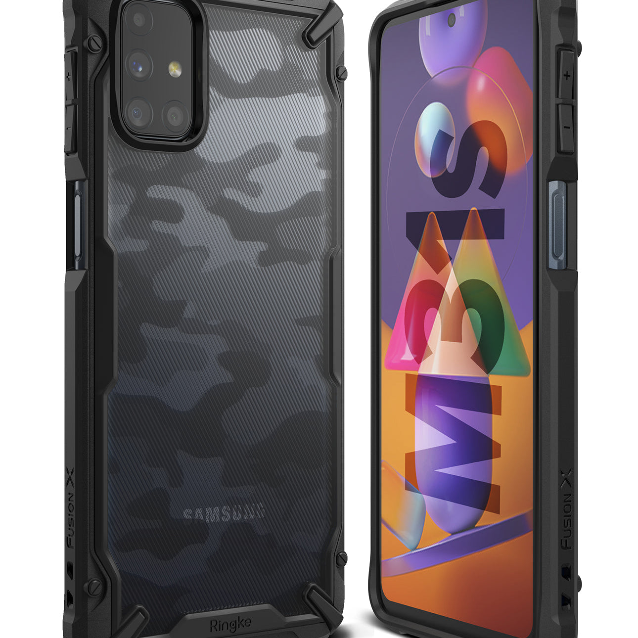 Galaxy M31s Case | Fusion-X - Black camouflage protective phone case shown from the back and front on a Galaxy M31s.