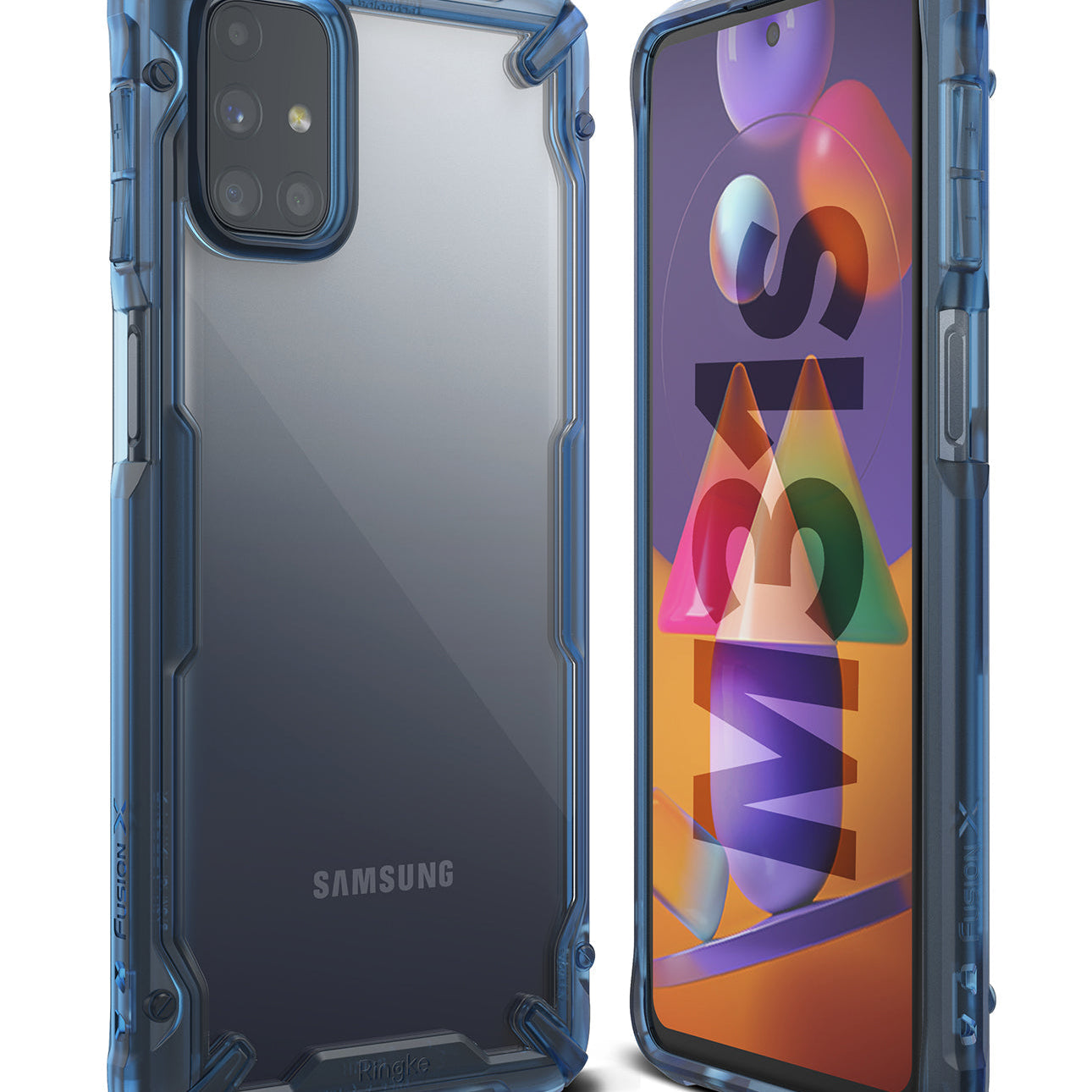 Galaxy M31s Case | Fusion-X - Blue Fusion-X protective case on a Galaxy M31s, showing both back and front views.