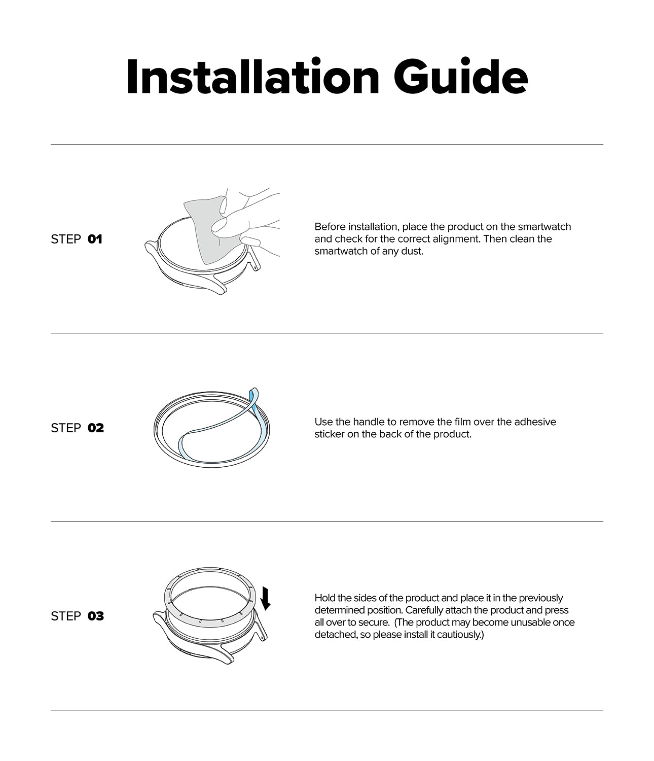Forerunner 265 | Bezel Styling - Three-step illustrated guide showing how to clean, peel, and attach a watch bezel cover.