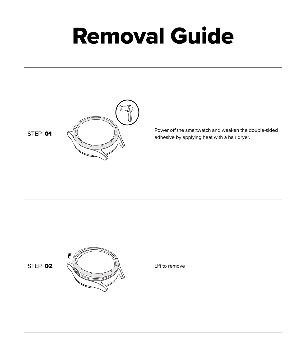 Forerunner 265 | Bezel Styling - Two-step instructional guide showing how to heat and lift a smartwatch bezel for removal.