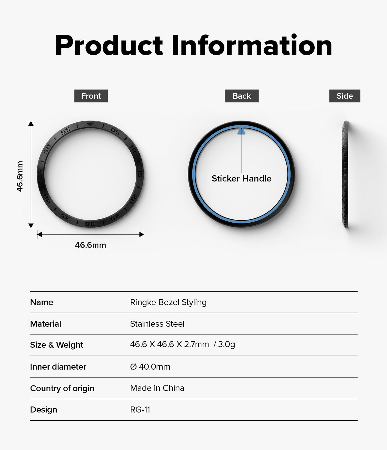 Forerunner 265 | Bezel Styling - Technical diagram showing front, back, and side views of a stainless steel watch bezel.