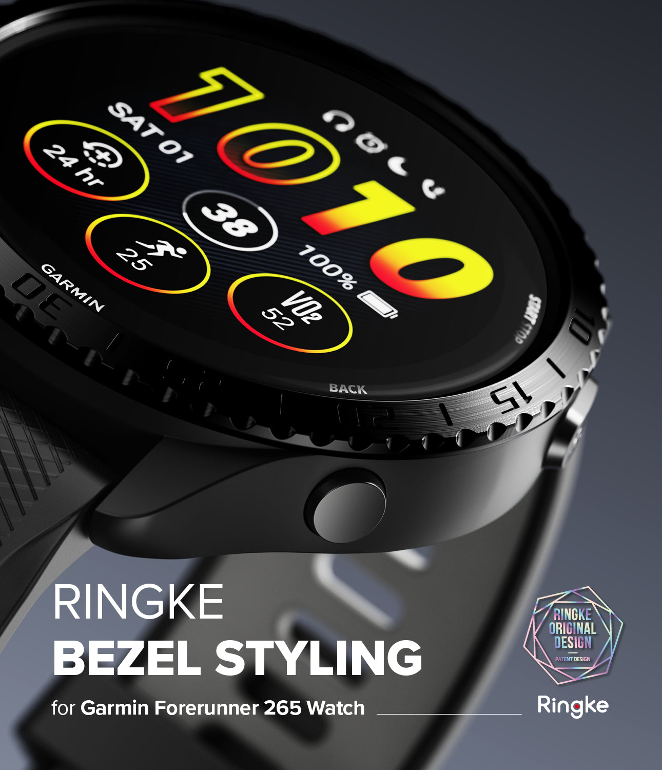 Forerunner 265 | Bezel Styling - Black textured metal bezel styling attached to a Garmin Forerunner 265 smartwatch.