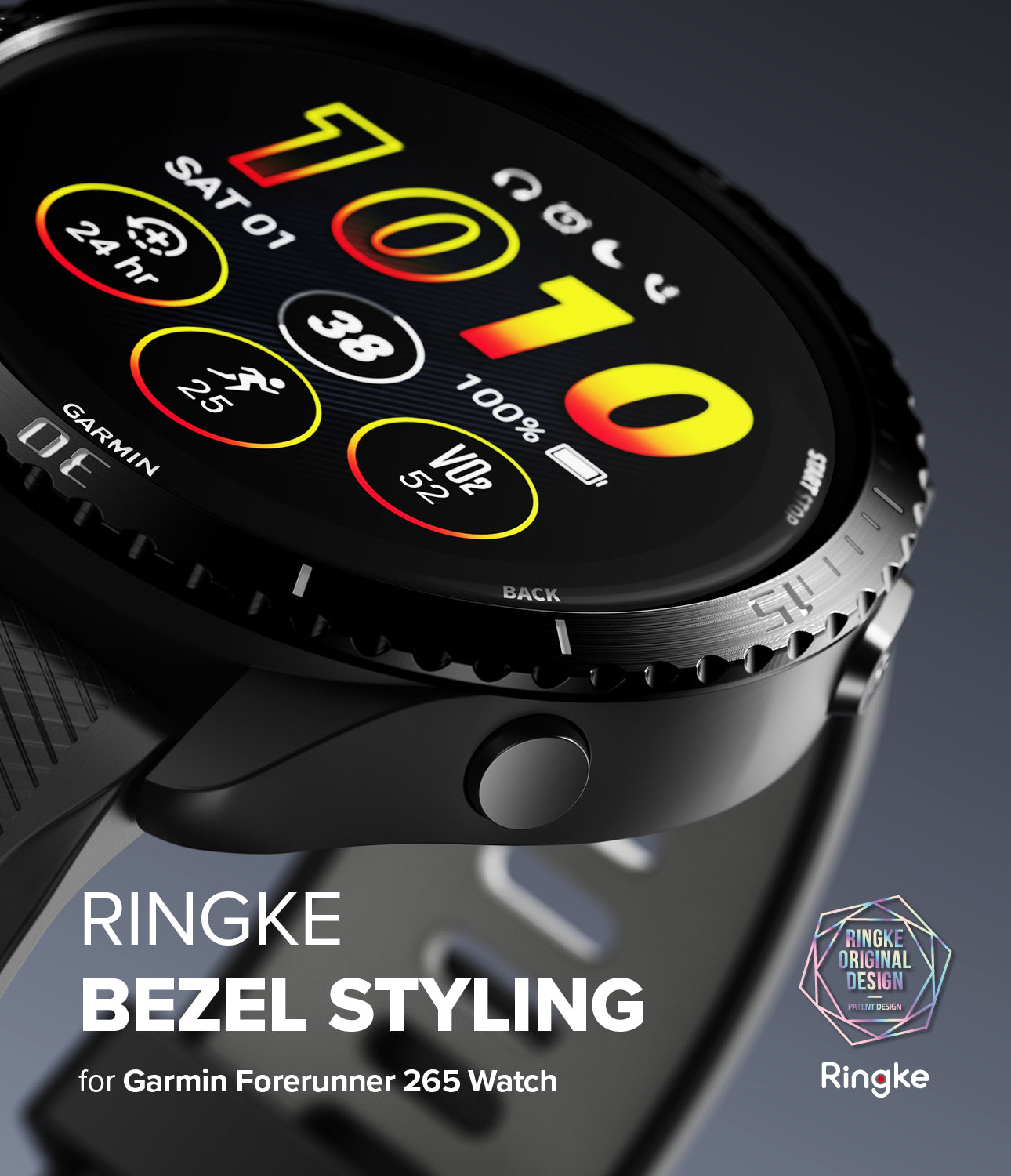 Forerunner 265 | Bezel Styling - Close-up of a black textured metal bezel ring attached to a Garmin Forerunner 265 smartwatch.
