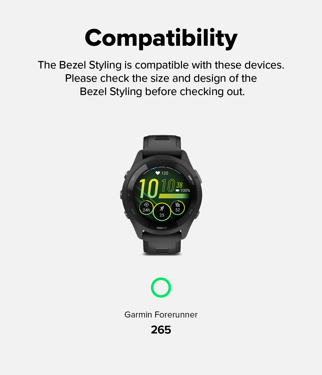 Forerunner 265 | Bezel Styling - A black Garmin Forerunner 265 smartwatch displayed above its model name and a green circle icon.