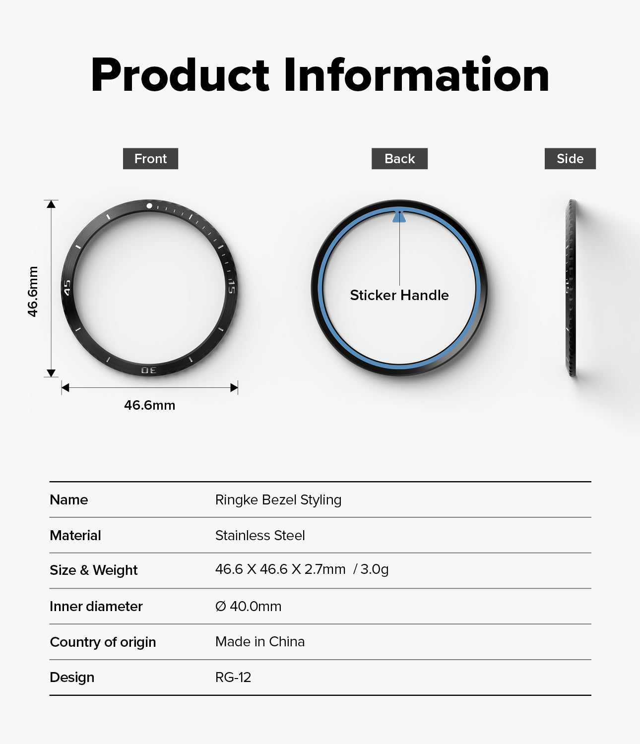 Forerunner 265 | Bezel Styling - Technical diagram showing front, back, and side views of a stainless steel watch bezel.