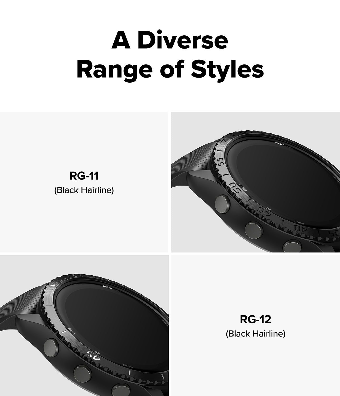 Forerunner 265 | Bezel Styling - Two black Forerunner 265 watch bezels labeled RG-11 and RG-12, both featuring a black hairline finish.