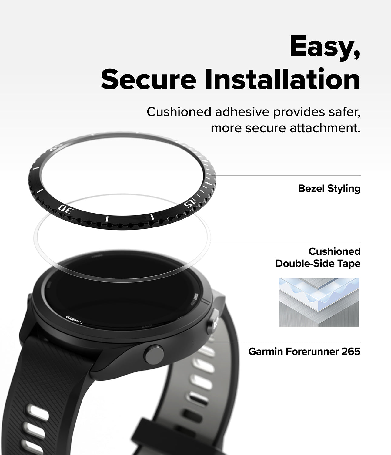 Forerunner 265 | Bezel Styling - Exploded view showing bezel, adhesive tape, and Garmin Forerunner 265 watch body.
