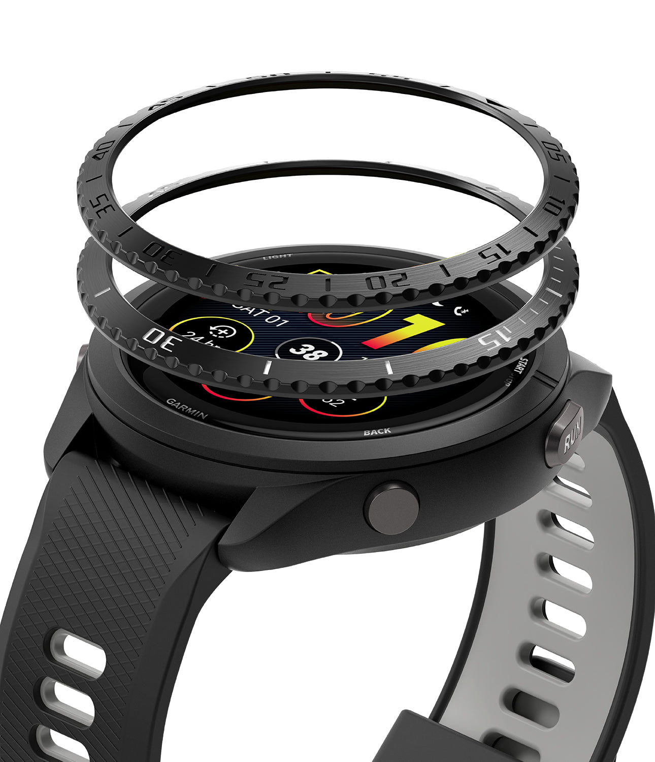 Forerunner 265 | Bezel Styling - A black Garmin smartwatch with a floating, textured bezel ring hovering above the watch face.