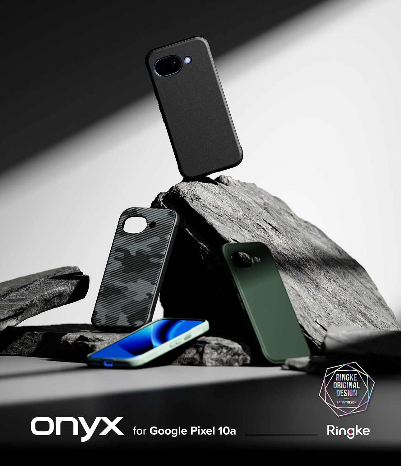 Google Pixel 10a Case | Onyx - Three Google Pixel 10a cases in black, camo, and green displayed on jagged dark rocks.