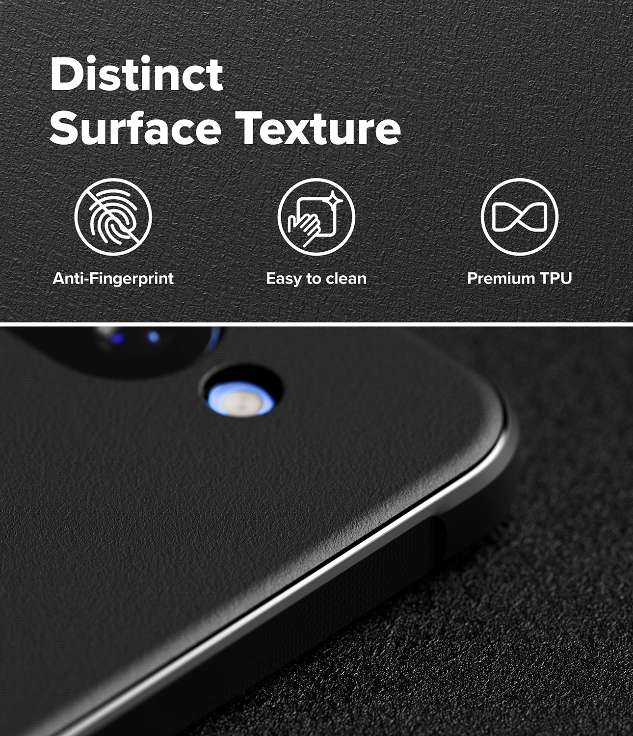 Google Pixel 10a Case | Onyx - Black phone case with textured surface, highlighting anti-fingerprint and easy-clean features.