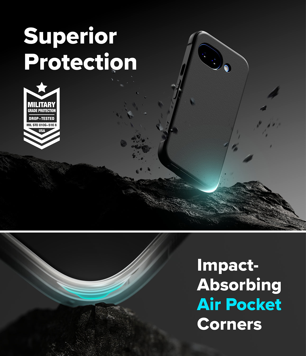 Google Pixel 10a Case | Onyx - Black phone case with military-grade protection, air-pocket corners, and rocky background.