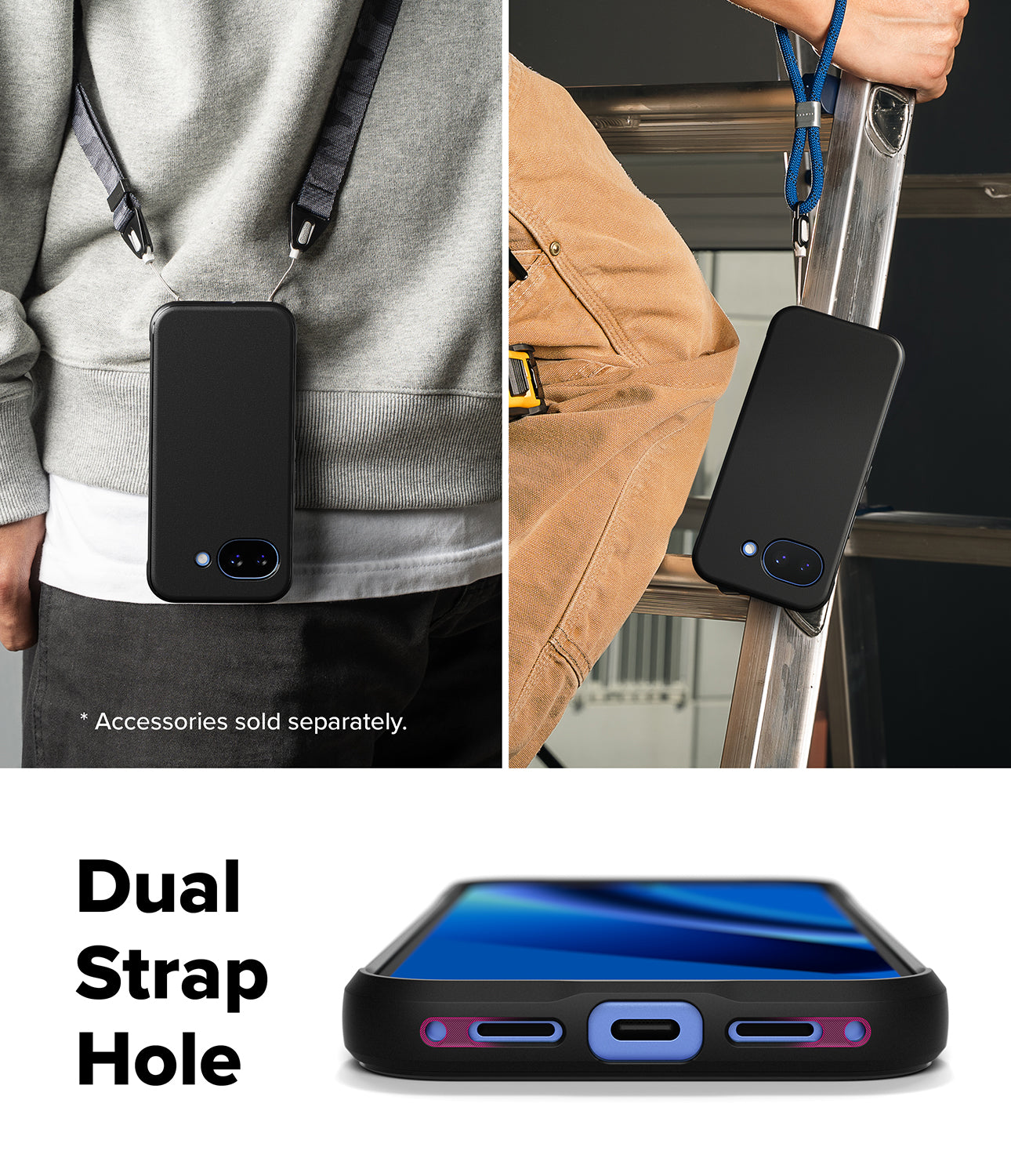 Google Pixel 10a Case | Onyx - Black phone case with dual strap holes, shown worn with lanyards and bottom port view.