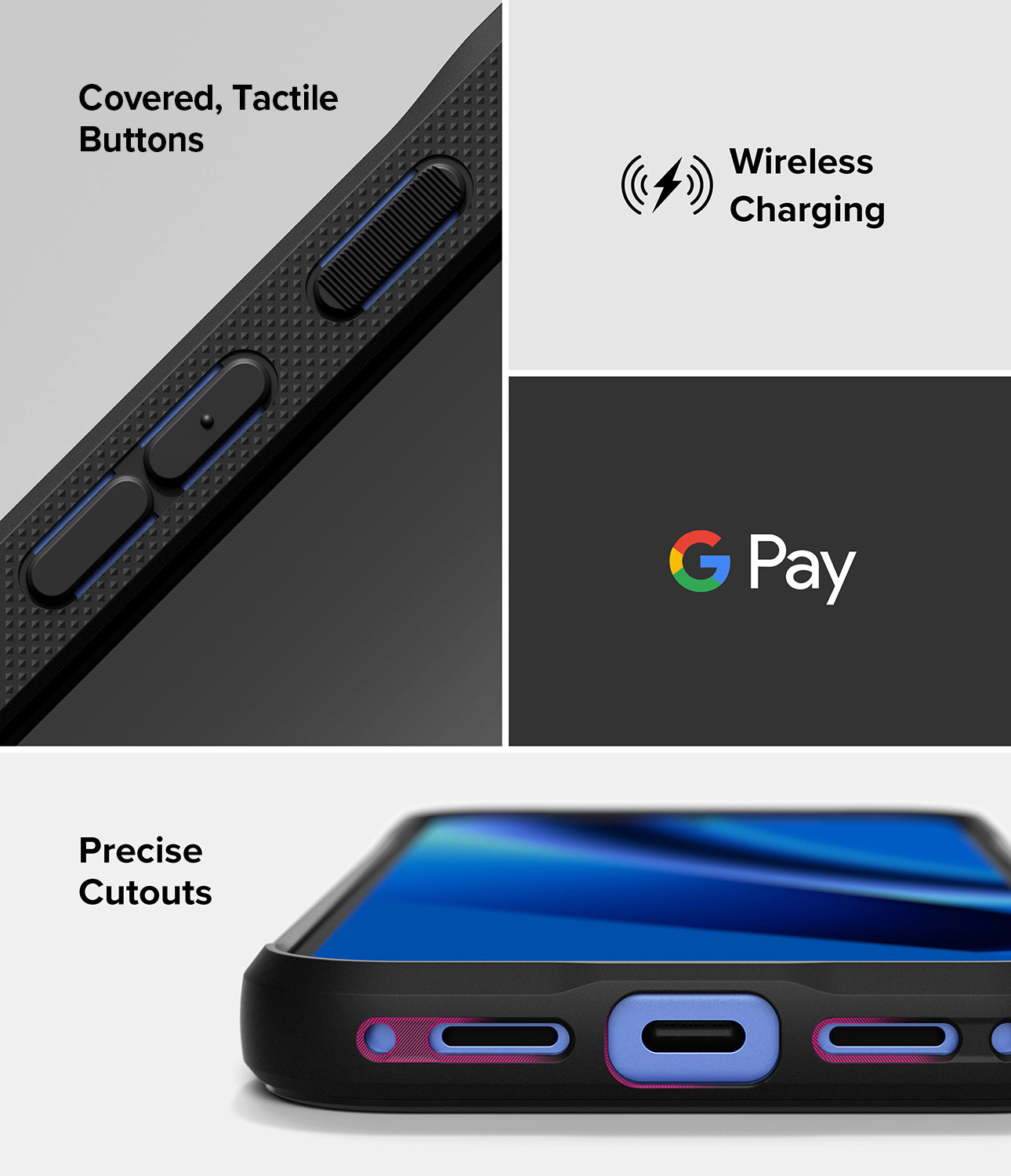 Google Pixel 10a Case | Onyx - Close-up of black phone case showing tactile buttons, wireless charging, G Pay, and precise port cutouts.