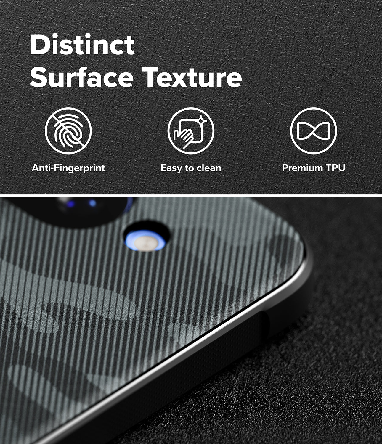 Google Pixel 10a Case | Onyx - Textured black phone case with camo pattern and icons highlighting anti-fingerprint features.