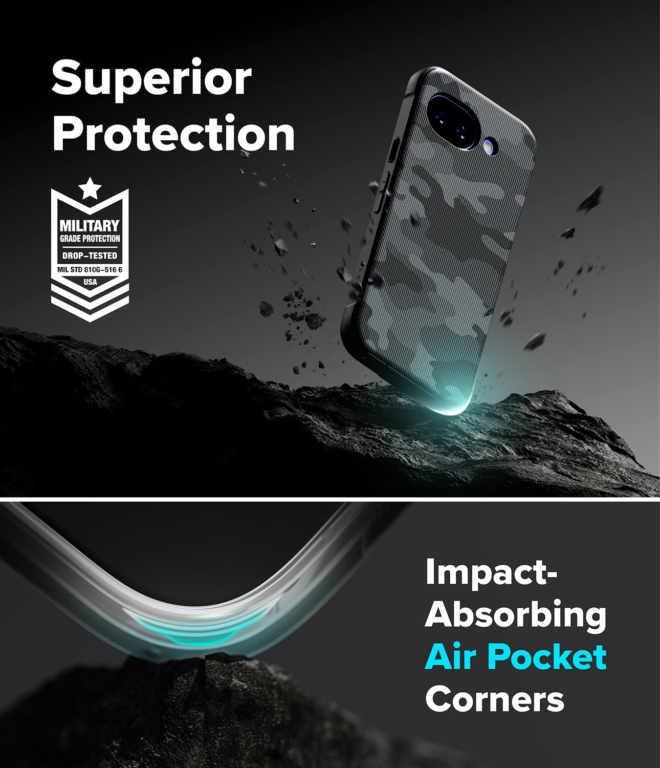 Google Pixel 10a Case | Onyx - Camo phone case with military-grade protection and air-pocket corners on a rocky background.
