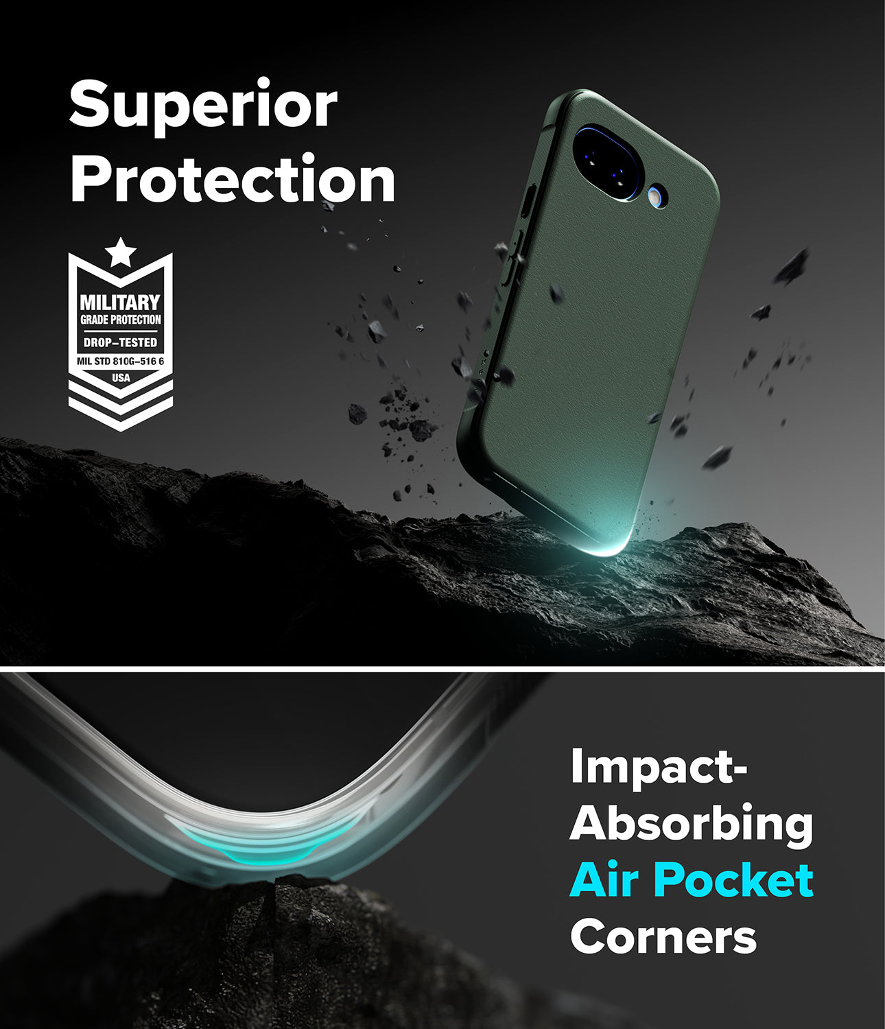 Google Pixel 10a Case | Onyx - Dark green phone case floating above rocky terrain with military-grade protection and air pocket corners.
