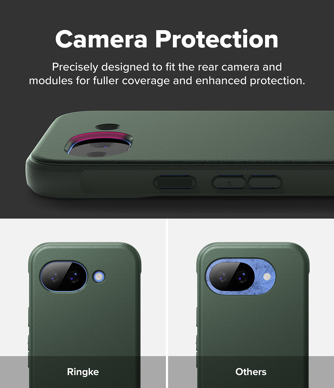Google Pixel 10a Case | Onyx - Comparison showing the Onyx case's precise camera cutout versus a damaged lens on another case.