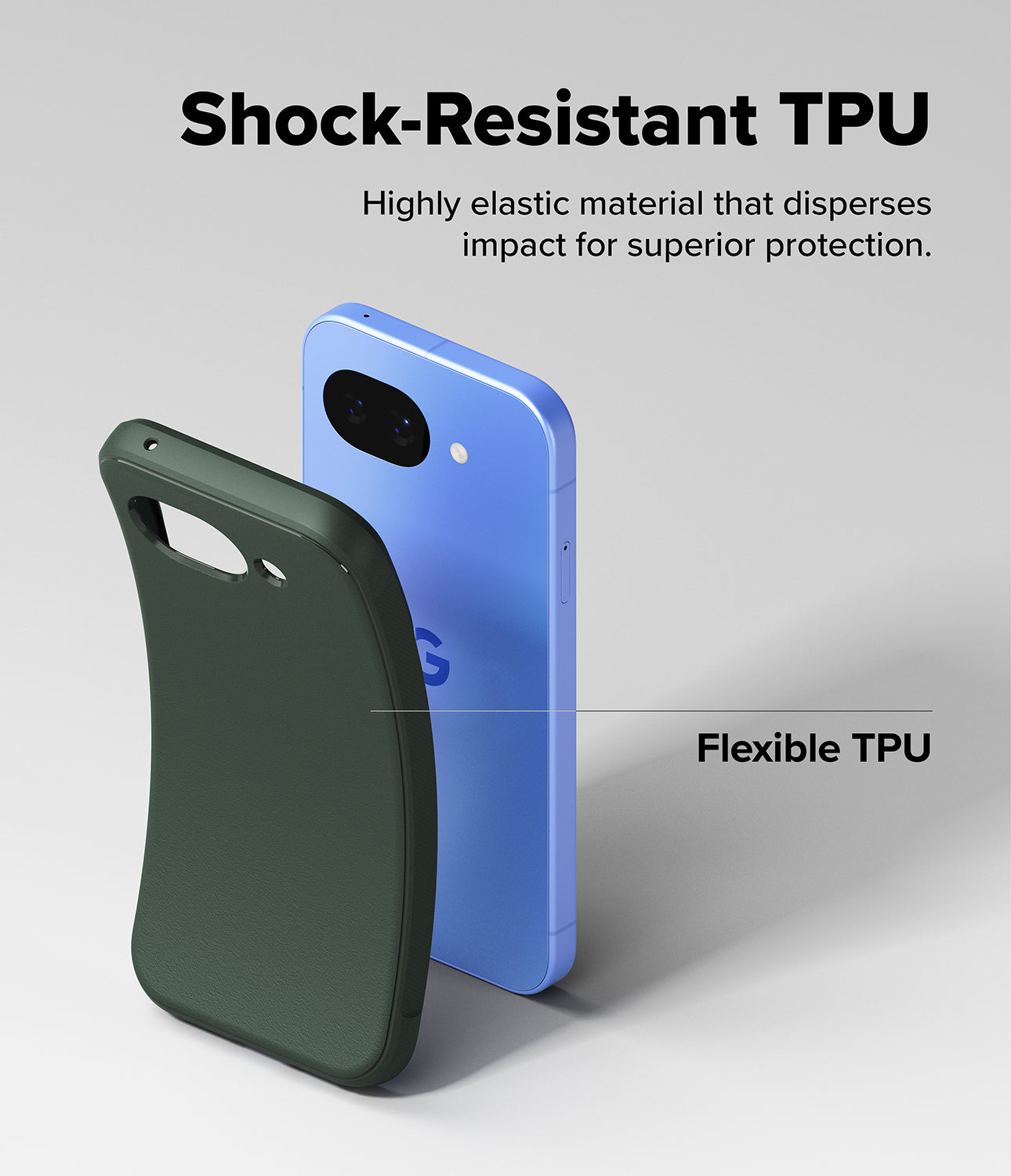 Google Pixel 10a Case | Onyx - A flexible, dark green TPU phone case positioned in front of a blue Google Pixel 10a smartphone.