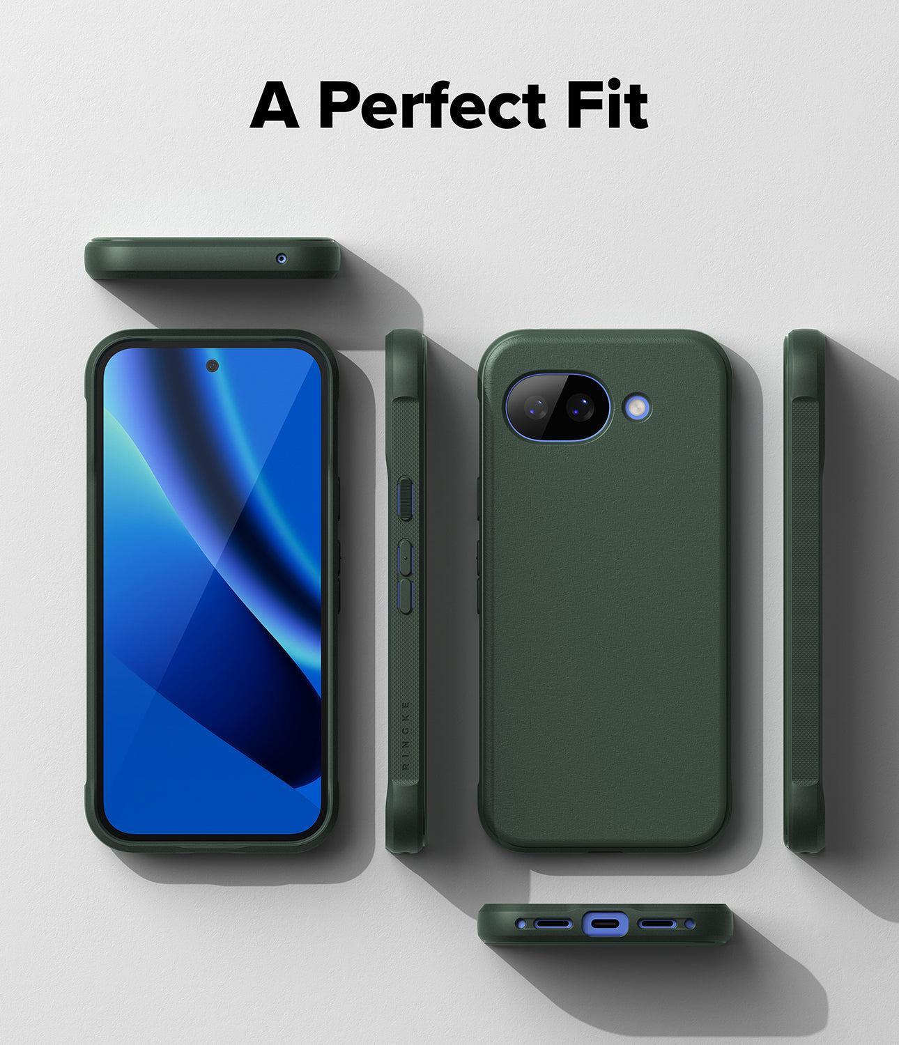 Google Pixel 10a Case | Onyx - Dark green phone case shown from multiple angles against a light gray background.