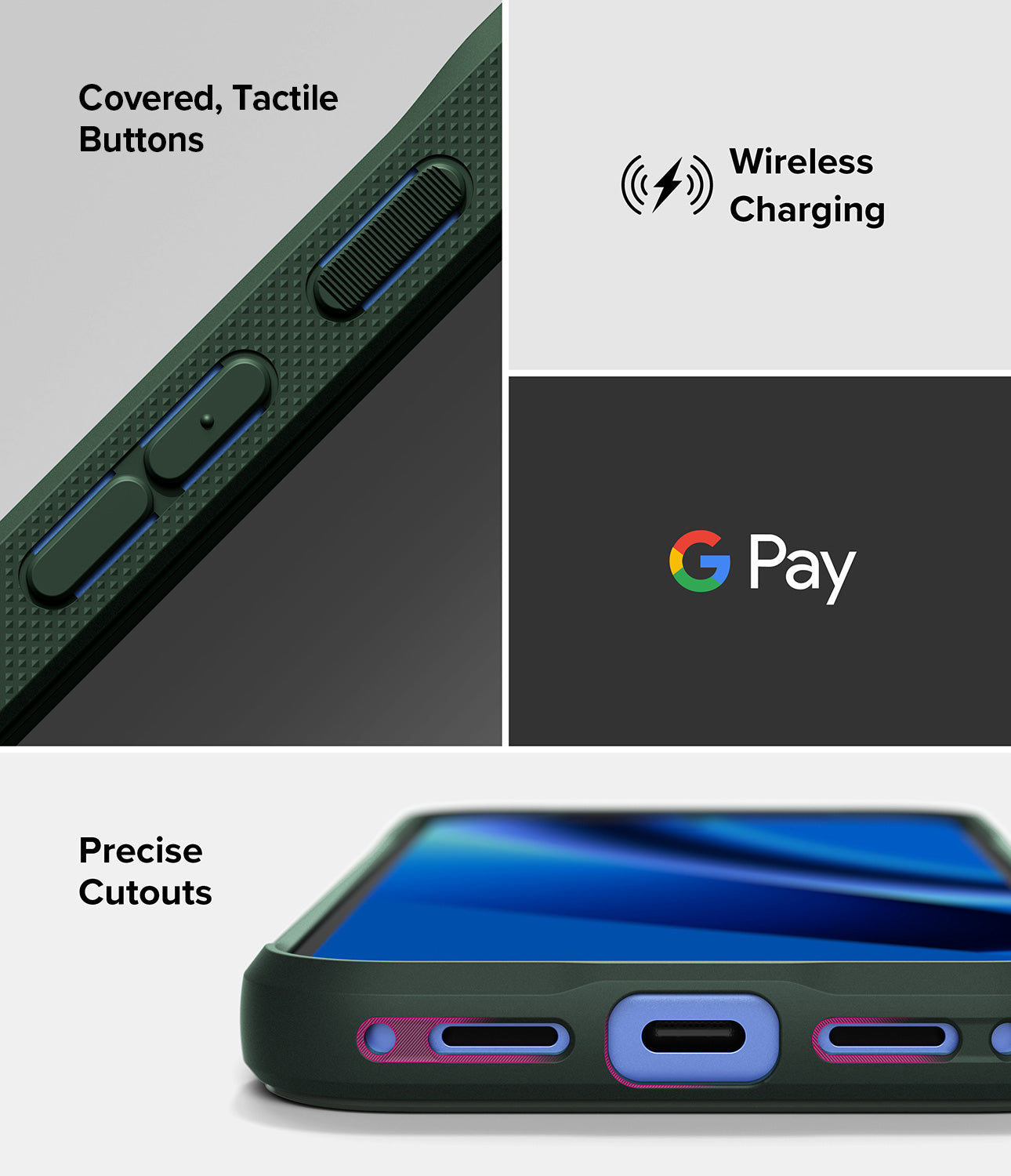 Google Pixel 10a Case | Onyx - Dark green phone case showing tactile buttons, wireless charging, G Pay, and precise cutouts.