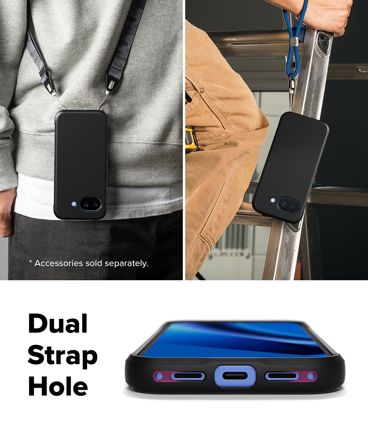 Ringke Onyx Magnetic black rugged phone case for Google Pixel 10a with dual strap hole feature shown on a person, ladder, and phone display.