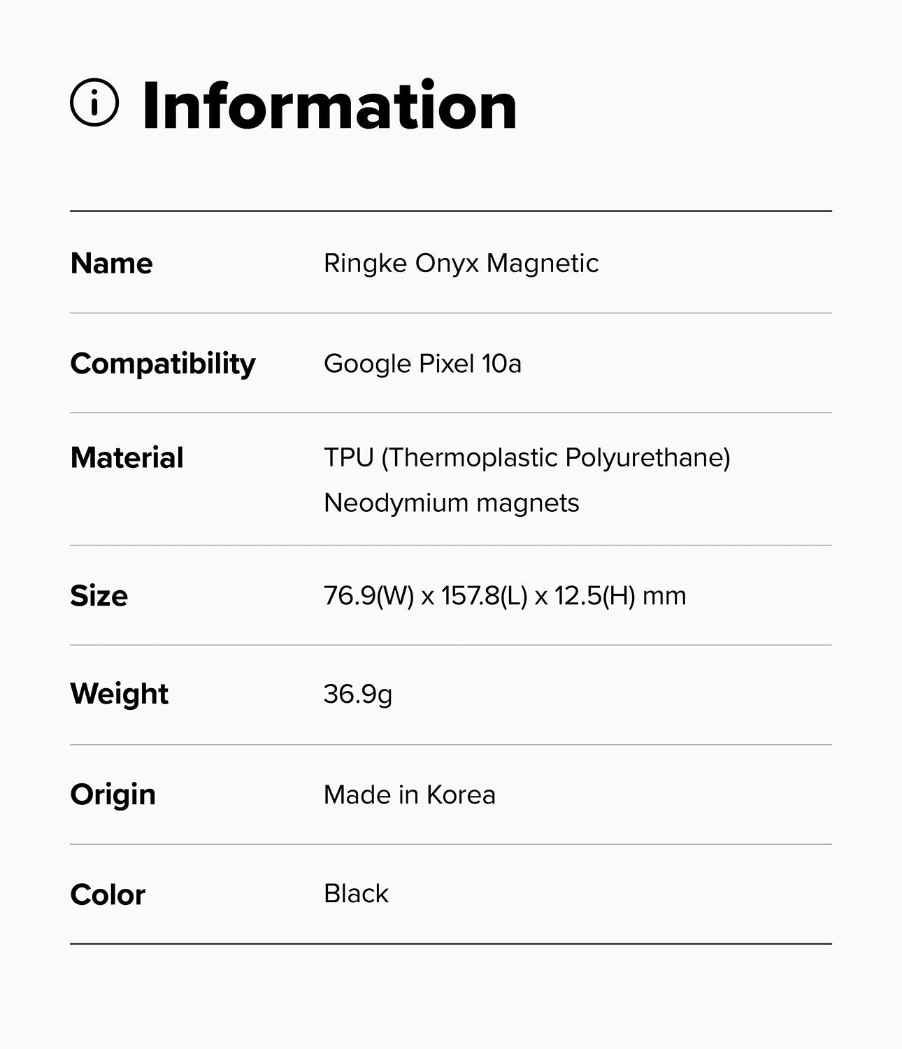 Product information card for Ringke Onyx Magnetic black rugged phone case for Google Pixel 10a with specifications on a white background