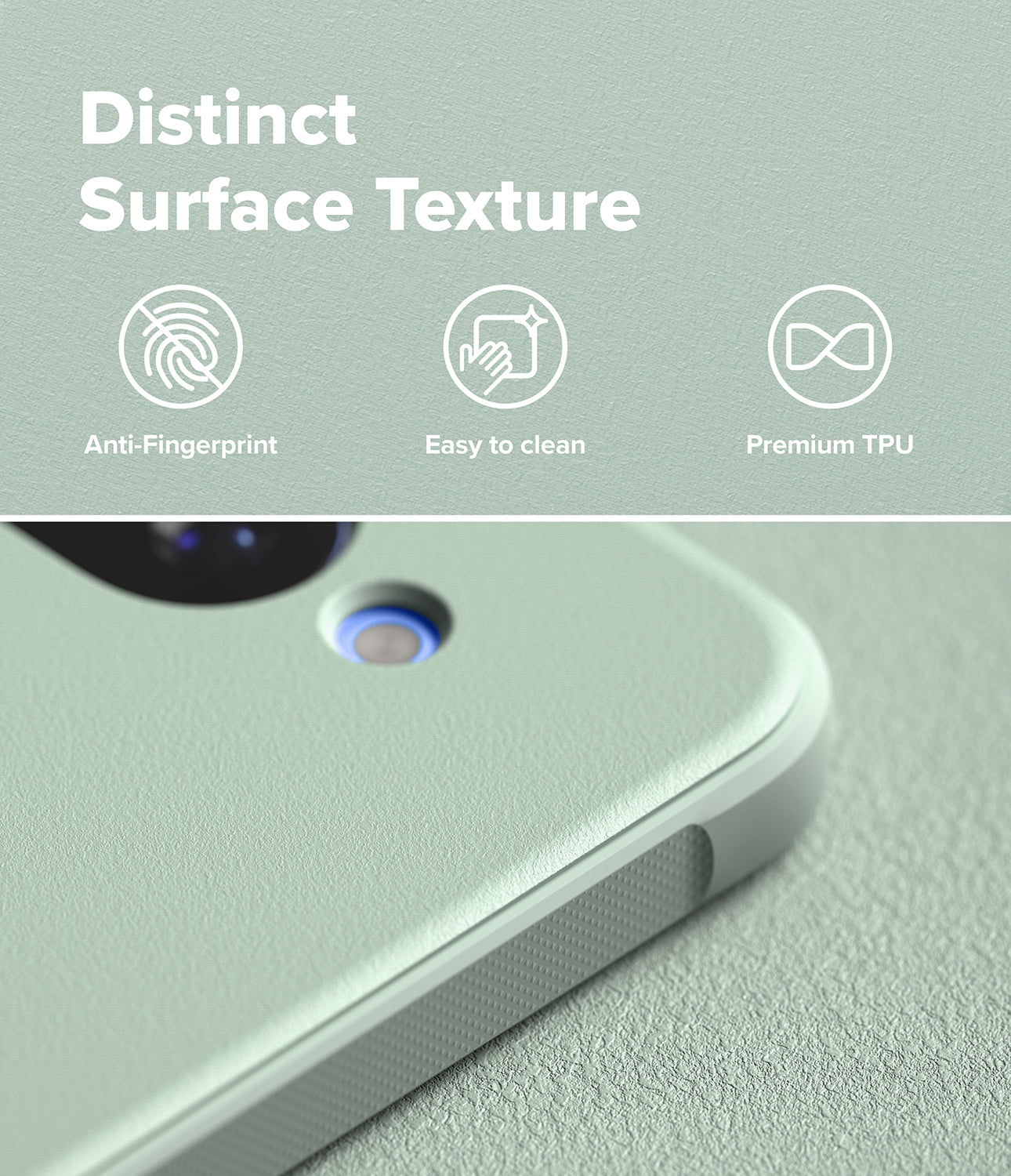Google Pixel 10a Case | Onyx - Close-up of a textured sage green phone case highlighting anti-fingerprint and easy-clean features.
