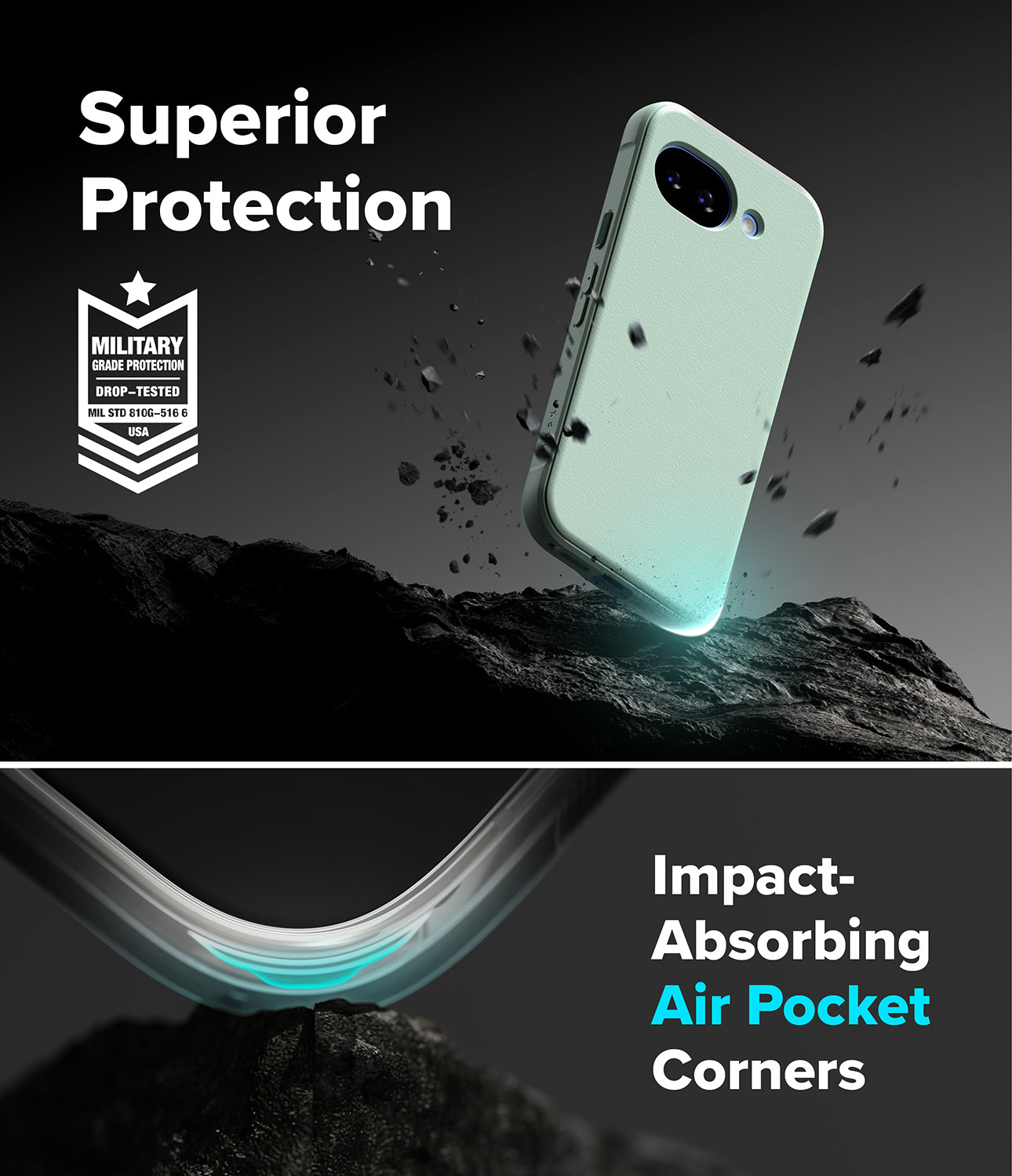 Google Pixel 10a Case | Onyx - A mint green phone case floating above rocky terrain with military-grade protection text.