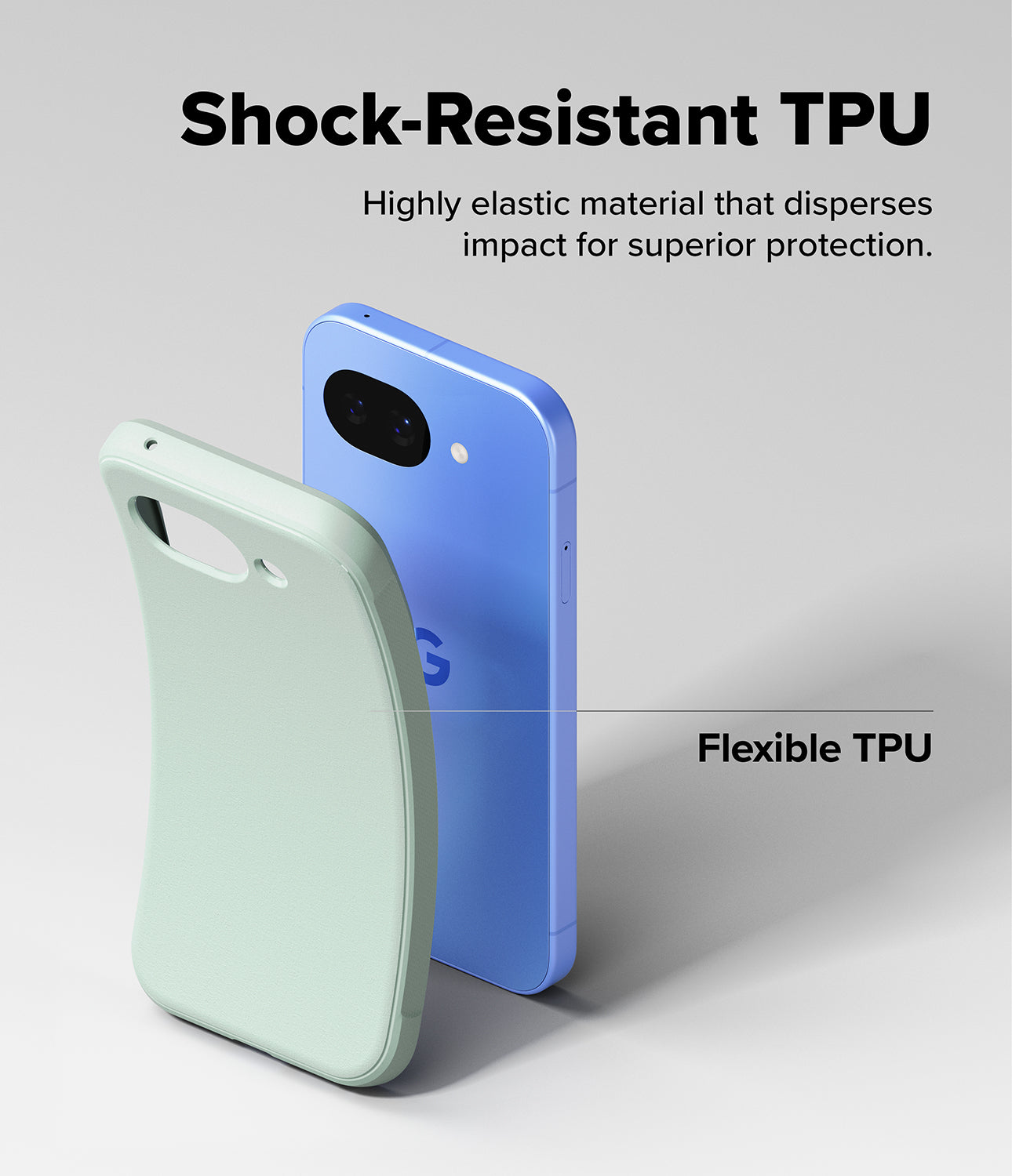 Google Pixel 10a Case | Onyx - A light green flexible TPU phone case being pulled away from a blue Google Pixel 10a smartphone.